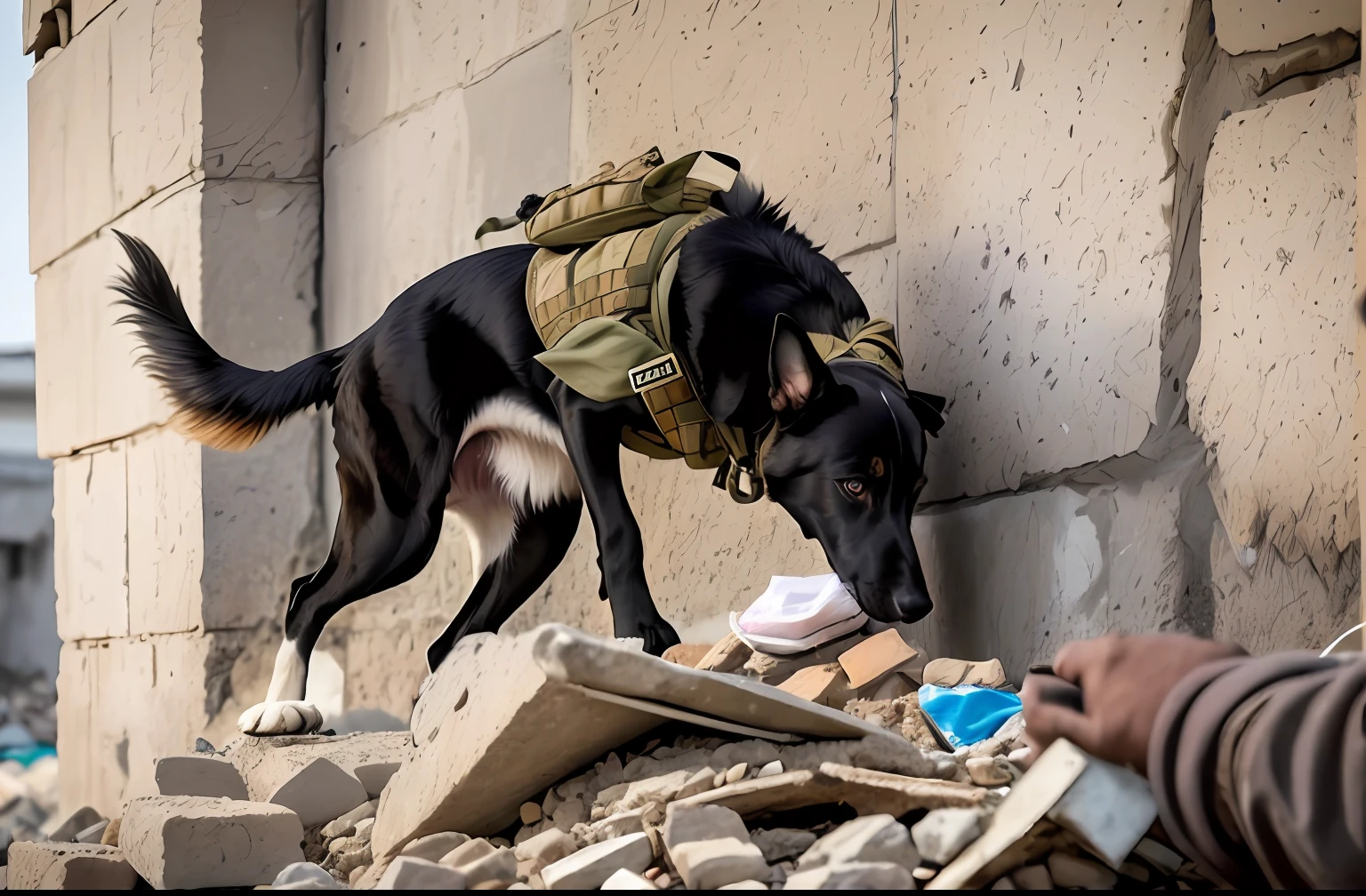 there is a dog that is sniffing a bag on a pile of rubble, k9, the photo shows a large, intense knowledge, shutterstock, canine, impeccable military composure, afp, marine, special forces security, having a snack, close - up shot, close-up shot, interesting shot, by Bernard Meninsky, dog, intense moment, intense scene