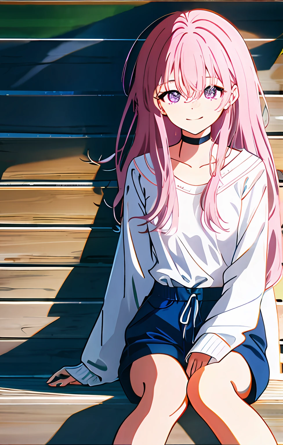 1girl, bangs, bare_legs, blurry, blurry_background, blurry_foreground, bokeh, breasts, pink_hair, choker, chromatic_aberration, depth_of_field, eyebrows_visible_through_hair, film_grain, pink_eyes, hair_between_eyes, ichinose_shiki, jewelry, leaf, long_hair, long_sleeves, looking_at_viewer, motion_blur, outdoors, palm_leaf, palm_tree, plant, potted_plant, shirt, shorts, sitting, smile, solo, white_shirt