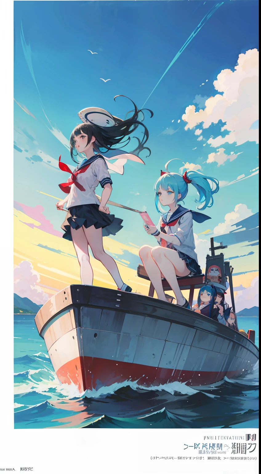 Look up。sailors。On the boat。helm。There is concept art by Funaka Sekka on the sea, Pisif, Sots Art, ace attorney style, rimuru and milim, puce and vermillion, offcial art, vermillion and cyan, digital art from danganronpa, , Official character art waiting to begin