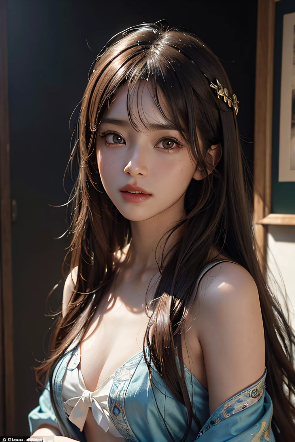 Portrait of a female hyperrealist by David Hockney and Alphonse Mucha、Fantasyart、Photorealsitic、动态照明、art stations、poster for、Volumetric lighting、extra detailed face、4 k、Award-winning、、1girl in、Dark、deep-shadows、lowkey、cowboy shot、(Formula service:1.4)、length hair、dark brown hair、