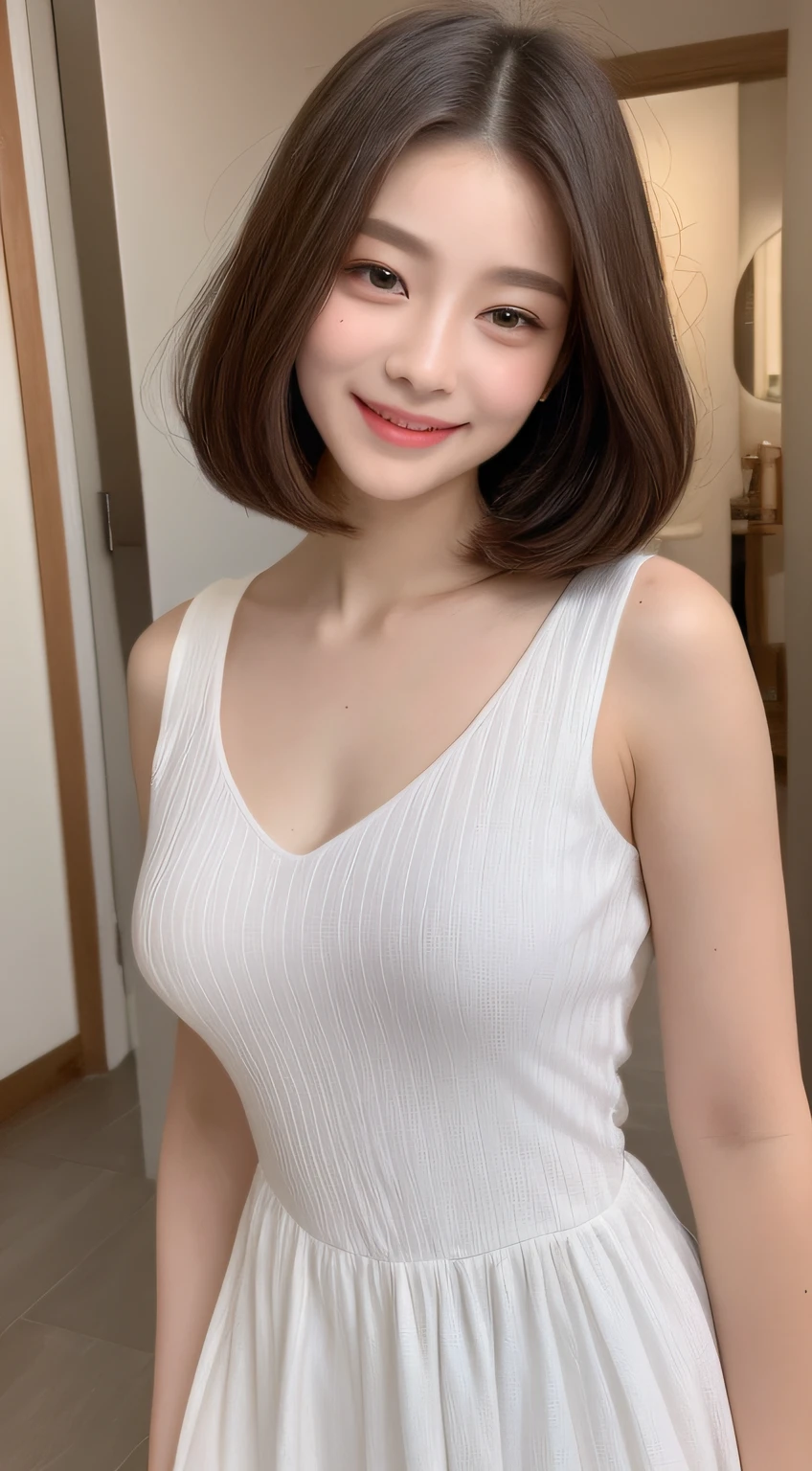 ((Best Quality, 8K, Masterpiece: 1.3)), 1girl, Slim Abs Beauty: 1.3, (Hairstyle Casual), Dress: 1.1, Super Fine Face, Delicate Eyes, Double Eyelids, Smile, Home