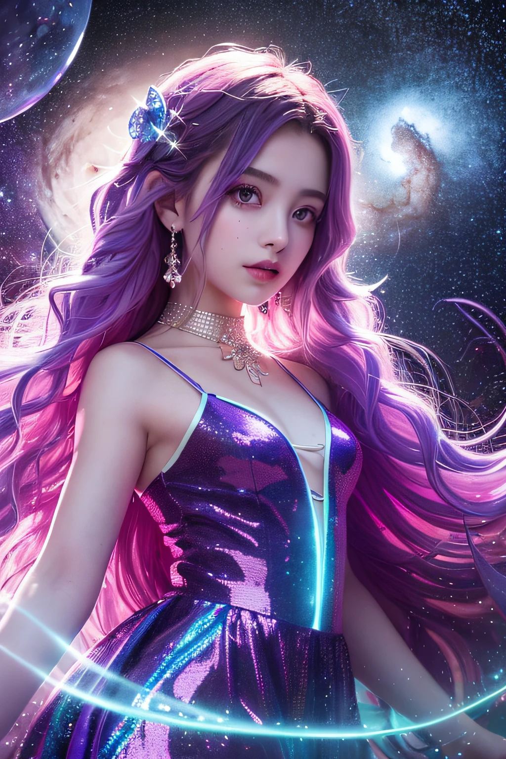 Background: Mysterious quantum environment, Cosmic elements and ethereal atmosphere,A mix of bright lights and colorful nebulae. Theme: A mysterious girl with a magical aura. She has long, Colorful wavy curls, The shiny hair stands out. His eyes are deep and expressive, Reflection Universe. She wore a flowing dress in purple and blue, With intricate details and mysterious textures. Color Palette: A combination of mysterious shades such as cosmic purple, Sky blue, Soft pink and a touch of gold. Create contrasts, Increase depth, Dark color, Such as dark purple or night blue. Aesthetics: The aesthetic combines elements of Mistycore, Known for its mysterious and ethereal atmosphere, and crystal cores, With its crystal clarity and sparkling details. The girl exudes magical energy,Her presence hangs over her,mesmerising. Covered with: Keep subtle glowing effects and glitter overlays around the girl, Covered with: Add a soft glow effect around the girl and crystal, It seems to exude magic. Also, Add small details of flash,Enhance the ethereal atmosphere.