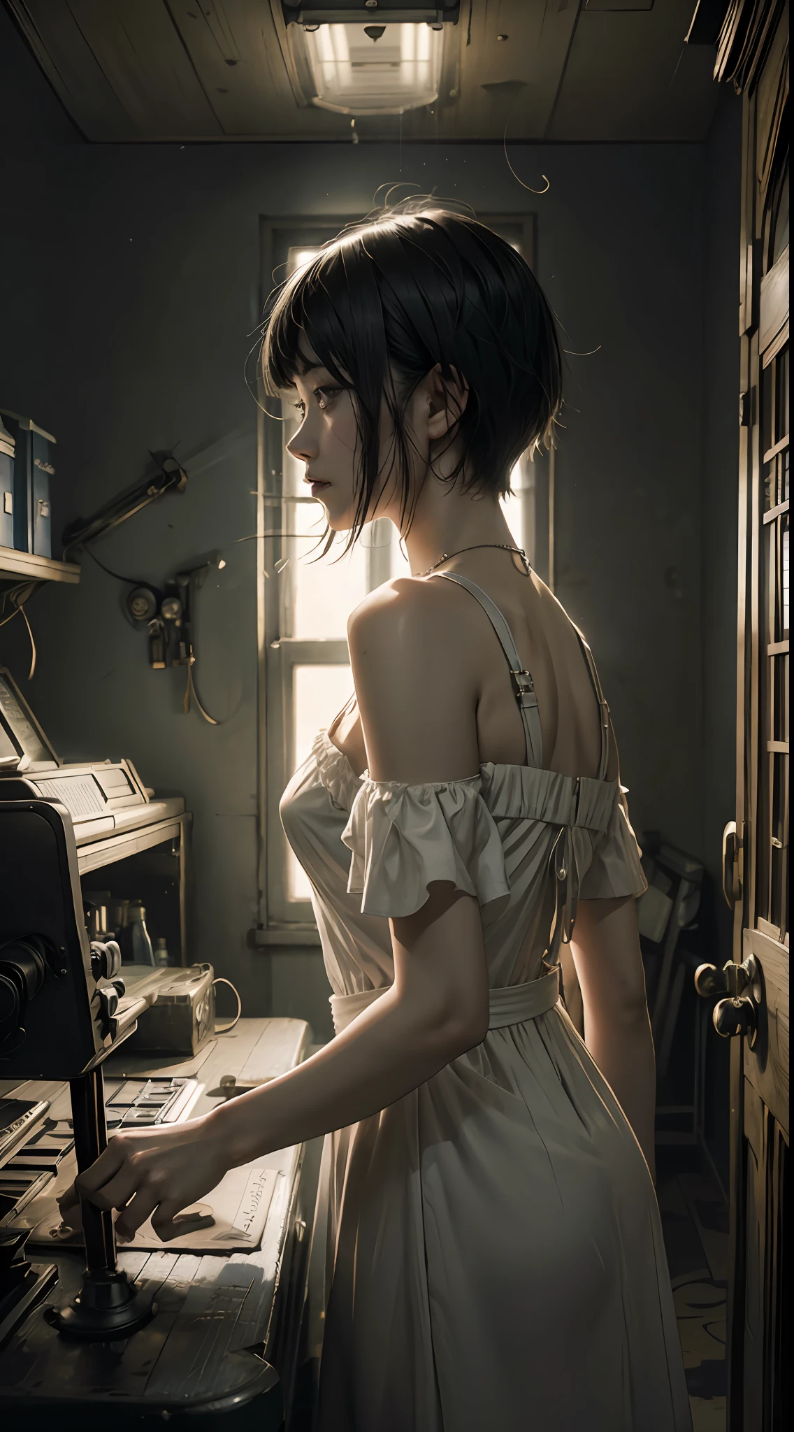 a beauty girl、natta、Onepiece、Plain dress、off shoulders、Floating hair, Short hair, secret room、canny、lab room、Human experimentation、Black Parade、surrealism, Verism, Cinematic lighting, Glowing light, drop shadow, Fisheye, ultra wide-angle, F/16, masutepiece, High quality, high details, Super Detail, Textured skin, Best Quality, 4K
