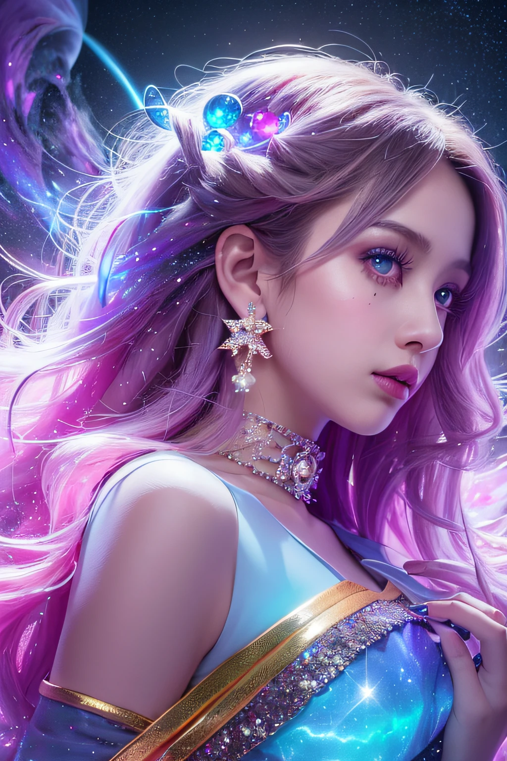 Background: Mysterious quantum environment, Cosmic elements and ethereal atmosphere，A mix of bright lights and colorful nebulae. Theme: A mysterious girl with a magical aura. She has long, Colorful wavy curls, The shiny hair stands out. His eyes are deep and expressive, Reflection Universe. She wore a flowing dress in purple and blue, With intricate details and mysterious textures. Color Palette: A combination of mysterious shades such as cosmic purple, Sky blue, Soft pink and a touch of gold. Create contrasts, Increase depth, Dark color, Such as dark purple or night blue. Aesthetics: The aesthetic combines elements of Mistycore, Known for its mysterious and ethereal atmosphere, and crystal cores, With its crystal clarity and sparkling details. The girl exudes magical energy，Her presence hangs over her，mesmerising. Covered with: Keep subtle glowing effects and glitter overlays around the girl, Covered with: Add a soft glow effect around the girl and crystal, It seems to exude magic. Also, Add small details of flash，Enhance the ethereal atmosphere.