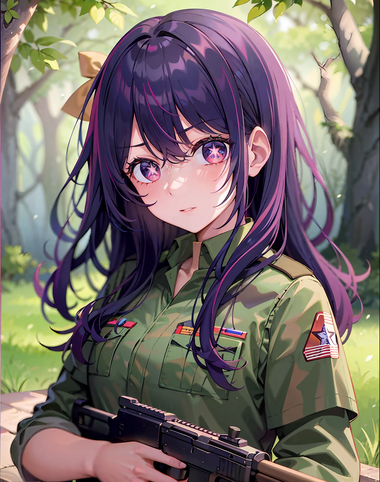1 girl,((There is a five-pointed star in the eye))Gorgeous Hair in Long Purple,Green camouflage uniform,army suit,Take an AK47 rifle,tussock,Tummy down,AK47 gun,Behind the tree