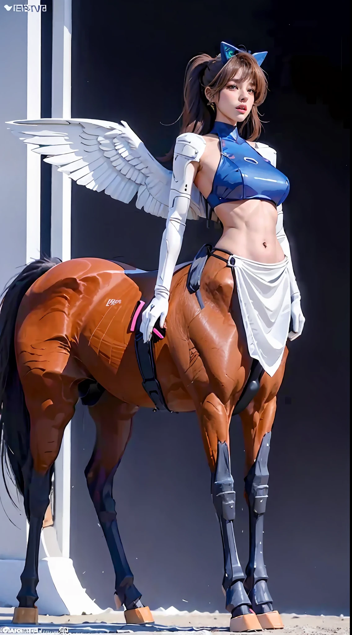 A female centaur,She is famous in the multiverse,She is both a female centaur, half human, half horse, half horse,It is also a heroic move,Her image incorporates the female body of the horse's head, neck and shoulders,Transforms into a beautiful female human upper body,Female, half-centaur, half-human, half-horse, half-human,and female half-horses performing feminization with chimeras with beauties,It's like a chimera of a female human and a female bodyized half-horse,This chimerization is based on powerful futuristic technology。The ultra-wide-angle lens captures the beautiful and ethereal image of her light wings on the ionosphere and making jumps。Her front half is a tall, sexy body with obvious feminine characteristics,Has K cup teardrop-shaped giant tit chest,Small man-waisted butterflies span long legs,The half-horse of the back half of the body is embedded in the front half of the body at the hip position,The horse-shaped half-horse torso form of the back half of the body is completely female and humanized,A sexy bent dog style shaped chest cavity embedded from the upper end of the sternum is embedded in the hips,Then there are the waist and abdomen of sexy beauties and straight hips,Her entire body has been completely feminized,Includes the half-horse part of the hind body,Mechanize the anti-joints and feet in the shape of the hind leg horse's knee and personify these parts,Make the legs graceful and slender,She has four slender legs like a supermodel,Under the legs are the feet of humans wearing skyscraper heels,Use Midjourney's advanced stroke tools and color palettes, as well as texture packs, model packs, and texture tools,Concentration,Femaleize all parts of her original equine physiologic appearance,And give these parts an ergonomic appearance,Fine treatment of details in the structure of the back body, chest, abdominal cavity and hip legs,Tighten the contours of the chest and abdomen of the transverse posterior body,Tighten lines,Add feminine mechanical