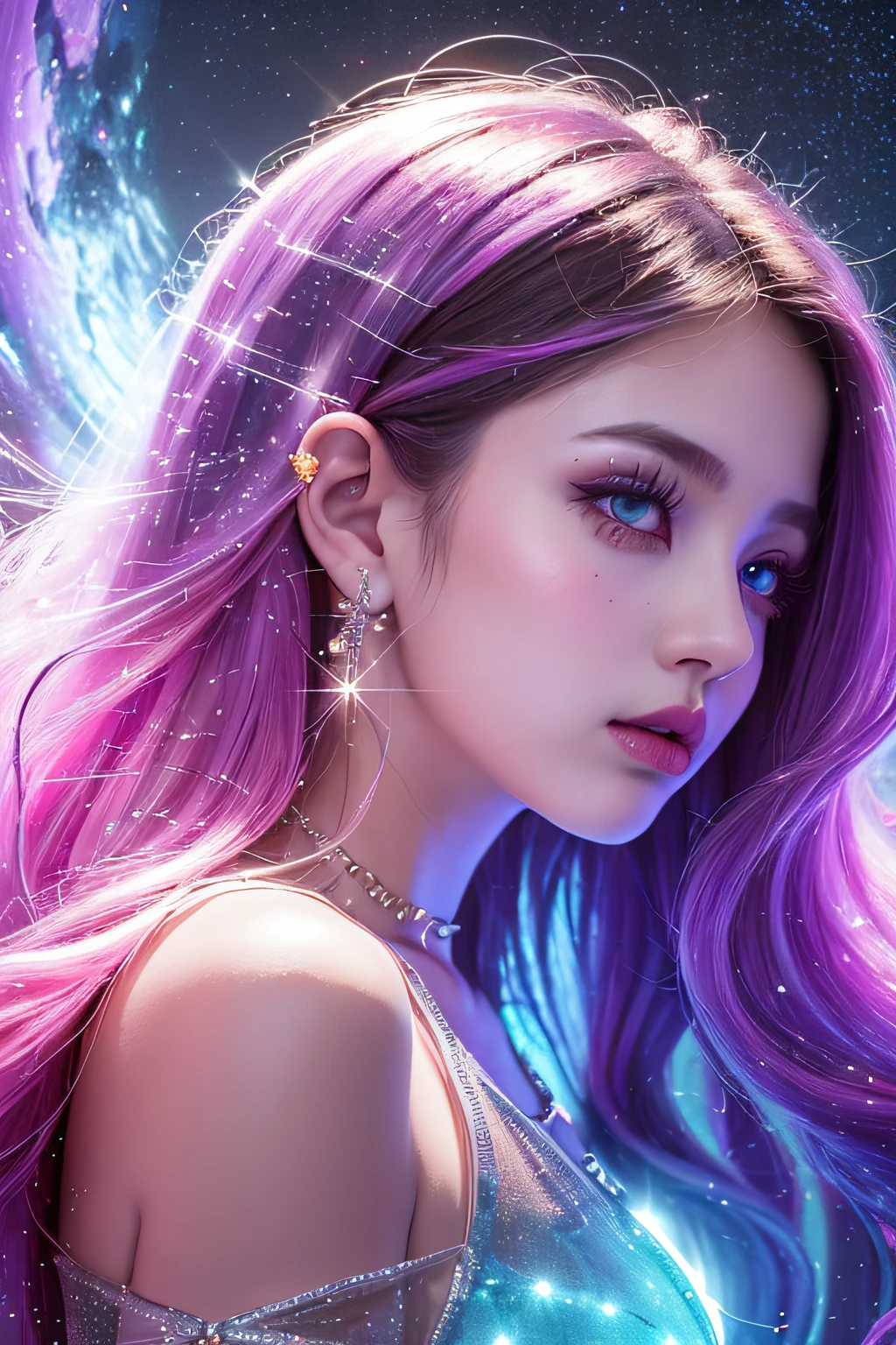 Background: Mysterious quantum environment, Cosmic elements and ethereal atmosphere，A mix of bright lights and colorful nebulae. Theme: A mysterious girl with a magical aura. She has long, Colorful wavy curls, The shiny hair stands out. His eyes are deep and expressive, Reflection Universe. She wore a flowing dress in purple and blue, With intricate details and mysterious textures. Color Palette: A combination of mysterious shades such as cosmic purple, Sky blue, Soft pink and a touch of gold. Create contrasts, Increase depth, Dark color, Such as dark purple or night blue. Aesthetics: The aesthetic combines elements of Mistycore, Known for its mysterious and ethereal atmosphere, and crystal cores, With its crystal clarity and sparkling details. The girl exudes magical energy，Her presence hangs over her，mesmerising. Covered with: Keep subtle glowing effects and glitter overlays around the girl, Covered with: Add a soft glow effect around the girl and crystal, It seems to exude magic. Also, Add small details of flash，Enhance the ethereal atmosphere.
