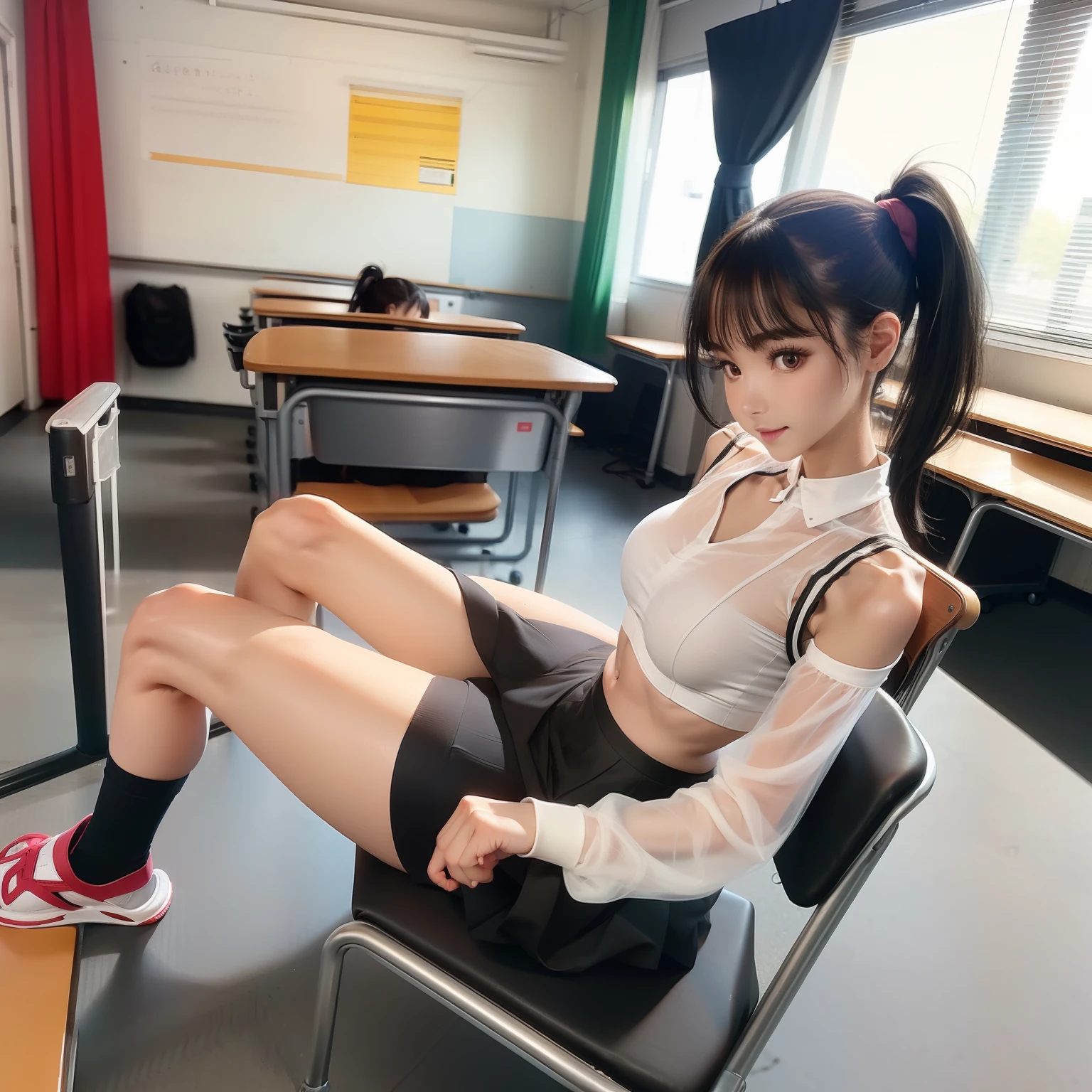pure beauty,Long legs wearing fishnet socks,Sit at a desk in the classroom,Black hair tied in a double ponytail,Low-cut clothing,Superskirt,Transparent sandals,Big brown eyes