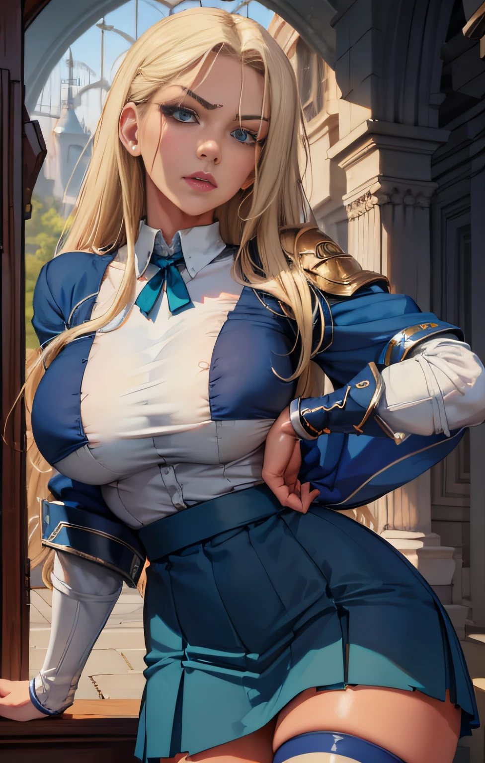 8k,masterpiece, bset quality,big, (1 girl), blue_eyes, blonde hair, long hair, professional lighting, (shiny skin: 1.2), shiny big, ((best quality)), sharp focus: 1.2, highly detailed face and skin texture, detailed eyes, perfect face, perfect body, blur art, cg, background, Big breasts, presence (20yo, mature cool and beautiful face), wearing ((blue skirt), white taut shirt, thigh), blush, (mittgal), random pose, top view, perfect eye, angry face