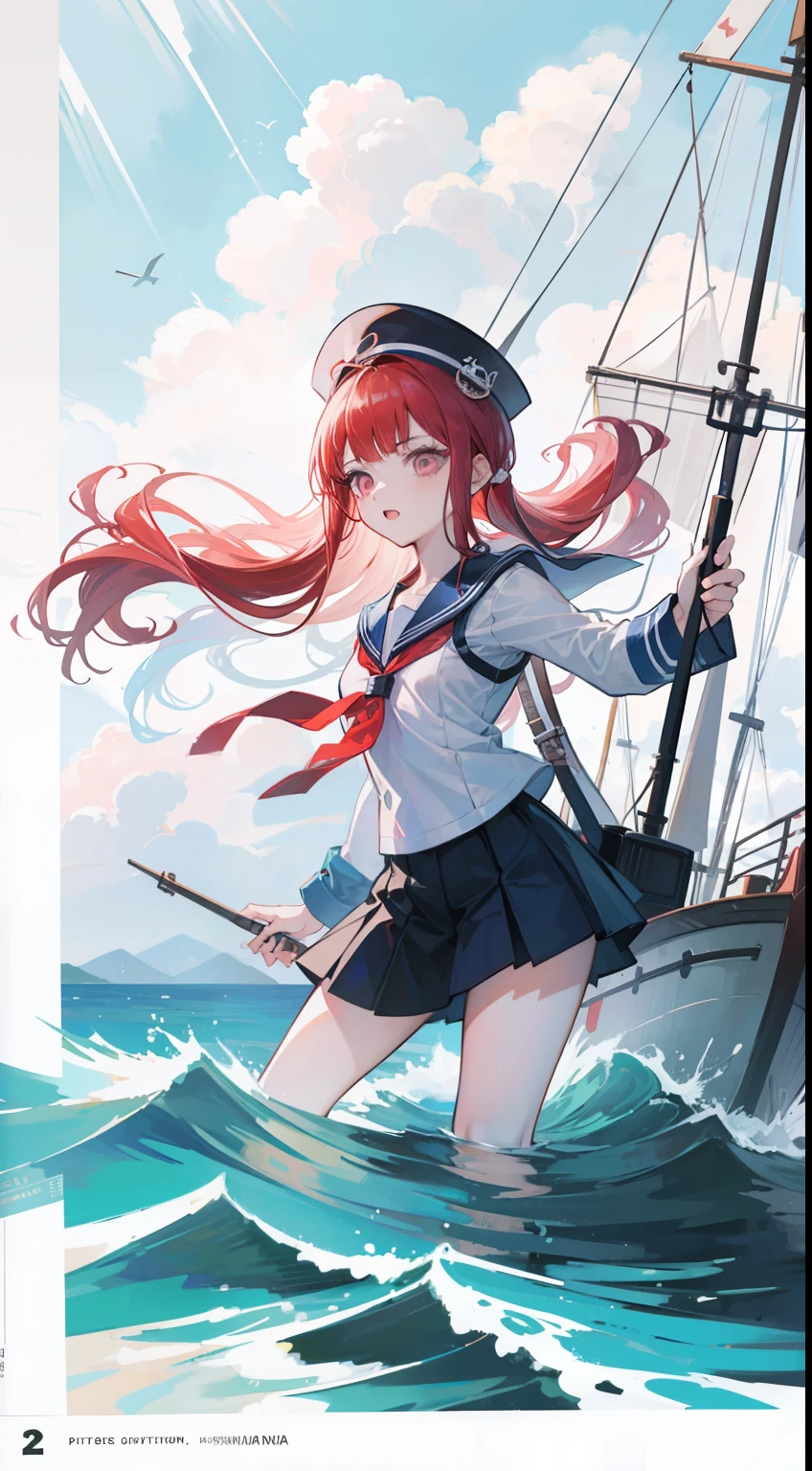 A man in a sailor's suit,Sail at sea。In front of it is a rudder。There are sailboats in the sea behind you,concept art by Kamisaka Sekka, Pisif, Sots Art, ace attorney style, rimuru and milim, puce and vermillion, offcial art, vermillion and cyan, digital art from danganronpa, Bust shots of characters, Clean background official character art