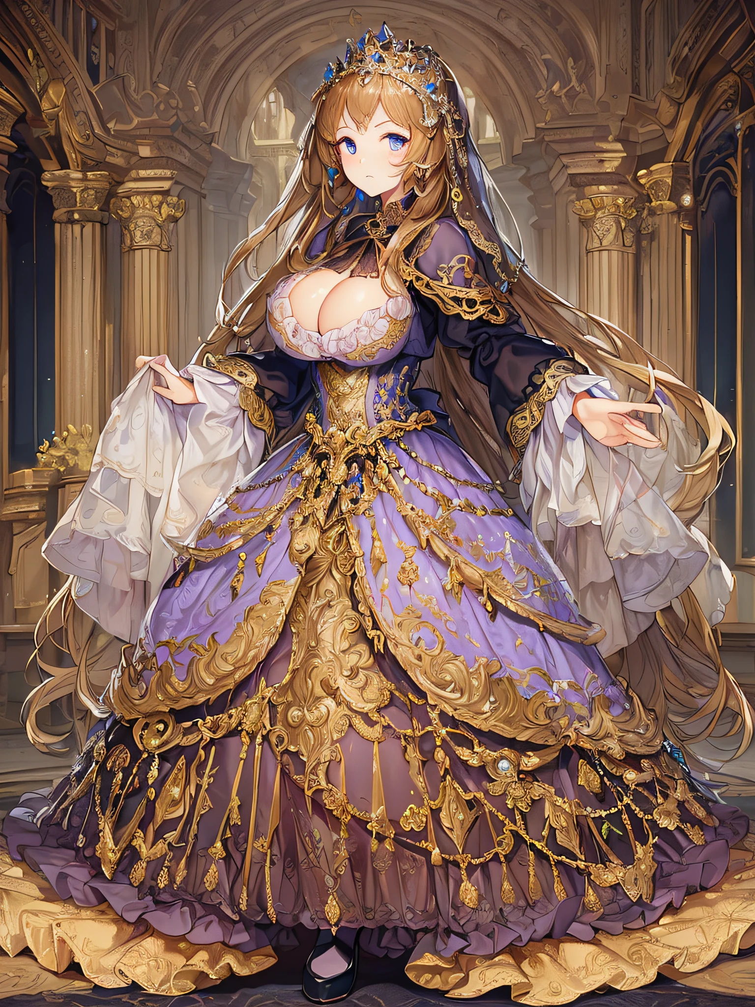 ((anime artstyle)),(Masterpiece),(Best Quality), (Super Detail),((Very Delicate and Beautiful)),((Solo)),((full body)),((1 princess in gorgeousfull rococo dress)),detailed face and eyes,jewel-like eyes,((voluminous Very Long Straight Hair)),((gigantic tits,Long tits)),skindentation,((gorgeousfull embroidery and lace)),gorgeous corsage,See-through,gorgeousfull hair ornament,gorgeousfull glitter jeweled tiara,ornate ruffles,((full body)),((hoop skirt,crinoline)),Dynamic Angle,Looking at viewer,(((gorgeous embroidery gorgeousfull rococo dress)),full body