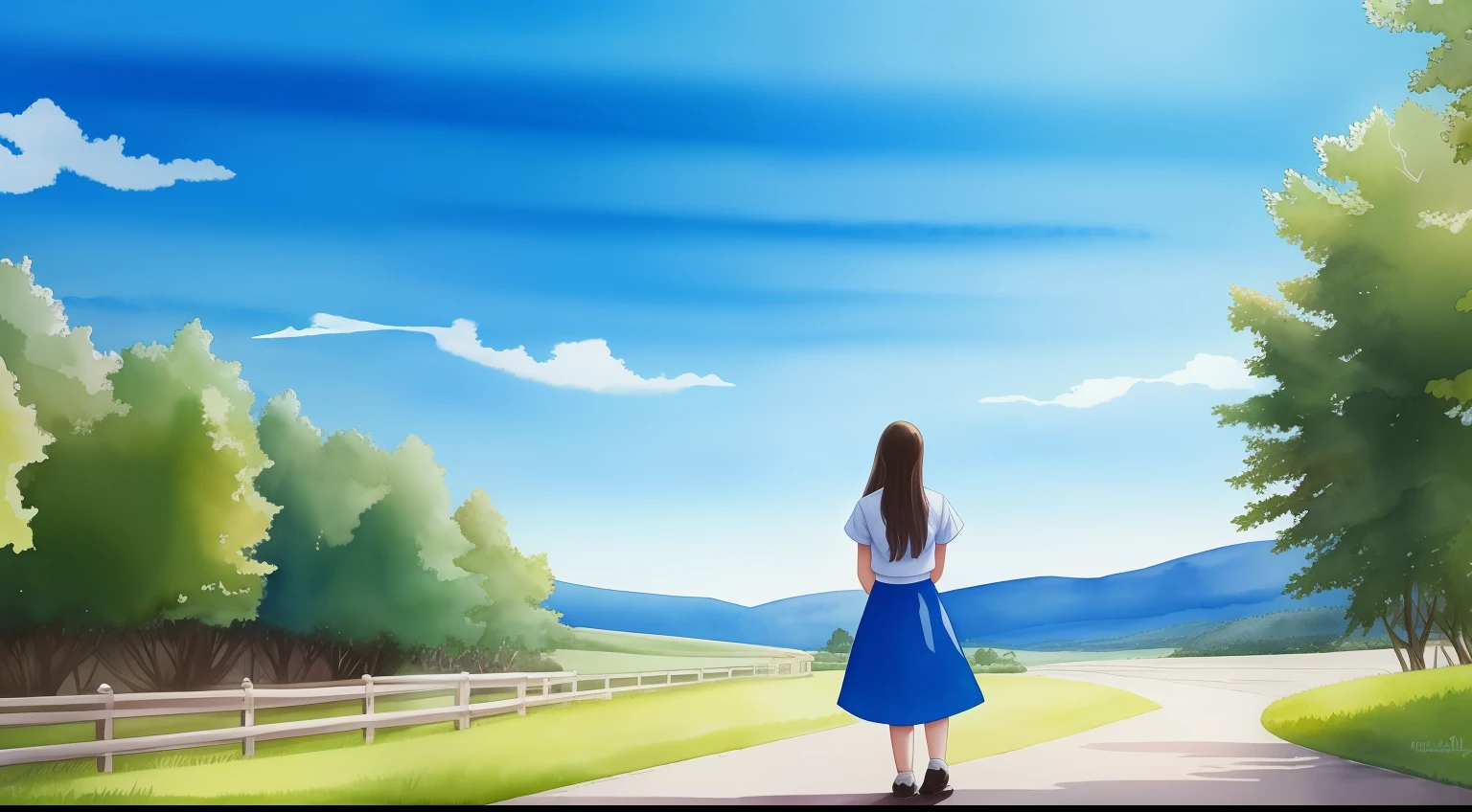 High school girl looking up at the blue sky that fills the screen,Rear view,top-quality, mystical fantasy, Solitude,watercolor paiting,Roang