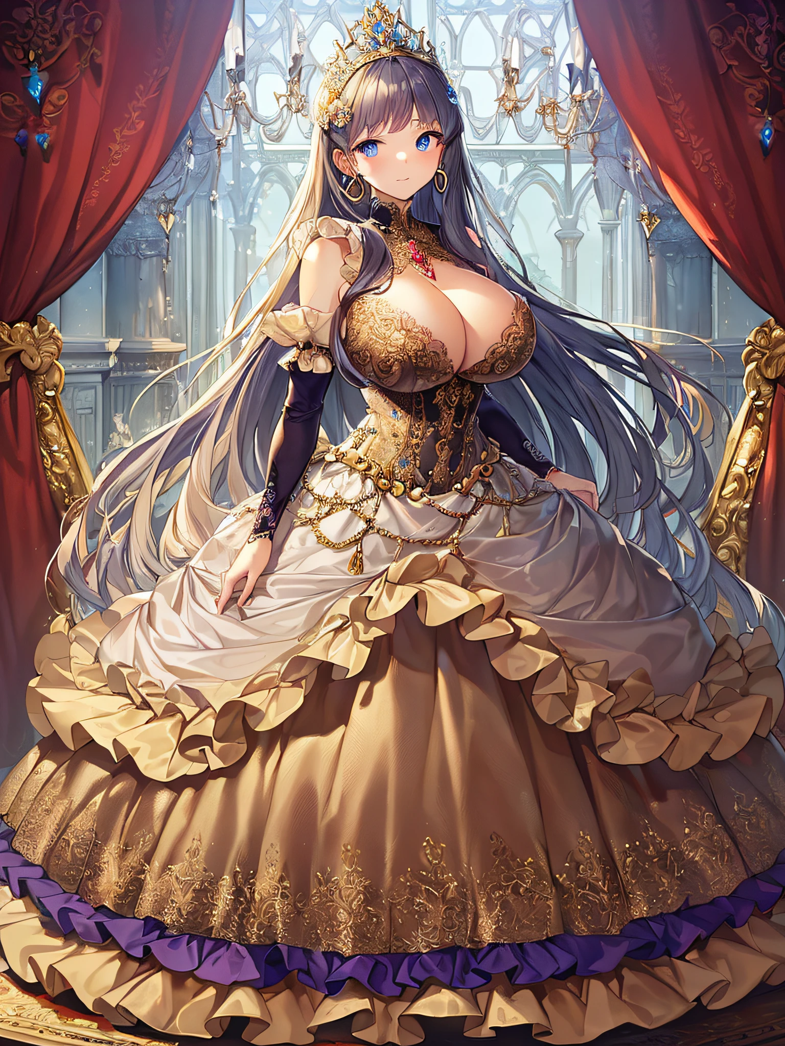 ((anime artstyle)),(Masterpiece),(Best Quality), (Super Detail),((Very Delicate and Beautiful)),((Solo)),((full body)),((1 princess in gorgeousfull rococo dress)),detailed face and eyes,jewel-like eyes,((voluminous Very Long Straight Hair)),((gigantic tits,Long tits)),skindentation,((gorgeousfull embroidery and lace)),gorgeous corsage,See-through,gorgeousfull hair ornament,gorgeousfull glitter jeweled tiara,ornate ruffles,((full body)),((hoop skirt,crinoline)),Dynamic Angle,Looking at viewer,(((gorgeous embroidery gorgeousfull rococo dress)),full body