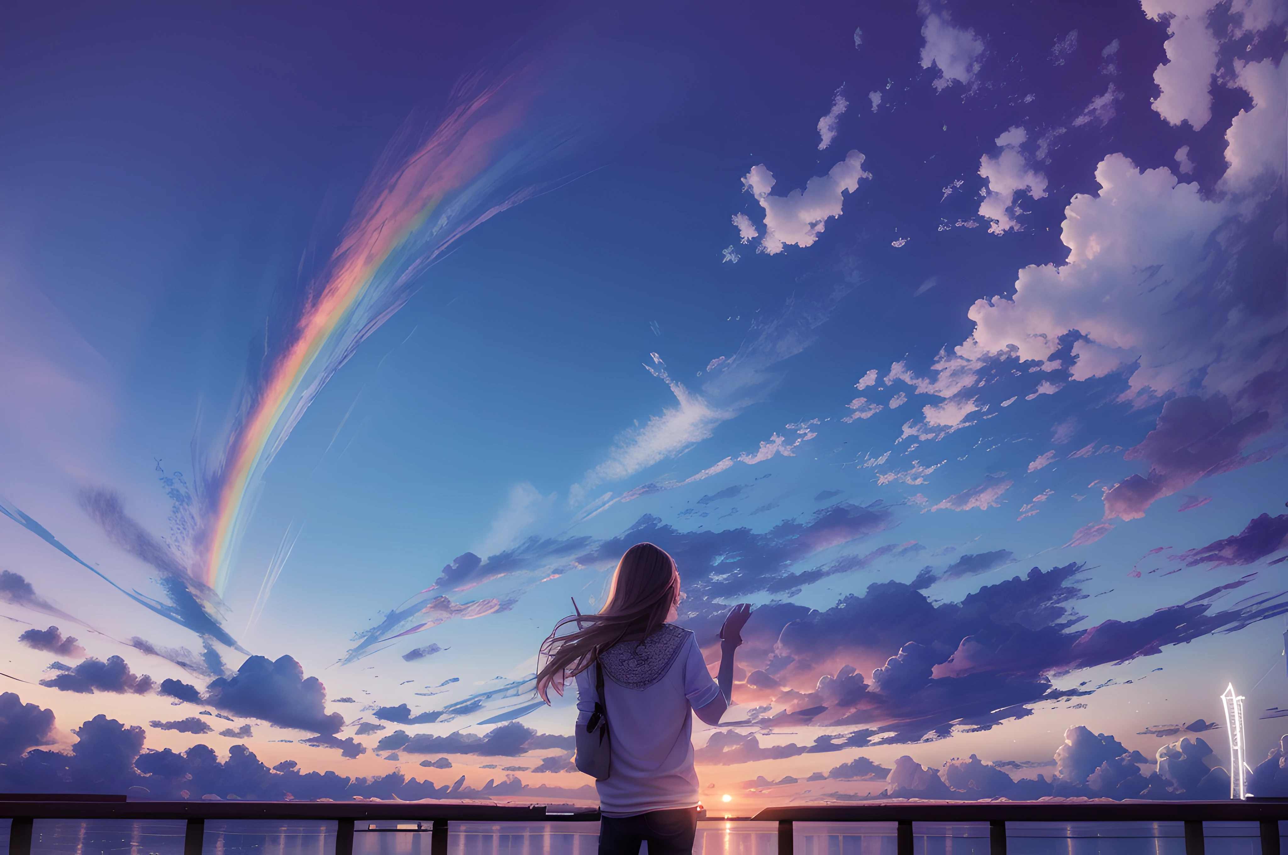 siluette，1girll， As estrelas （Skysky）， Clouds， view over city， build， 城市， exteriors， rainbowing， nigh sky， the sunset， skylines