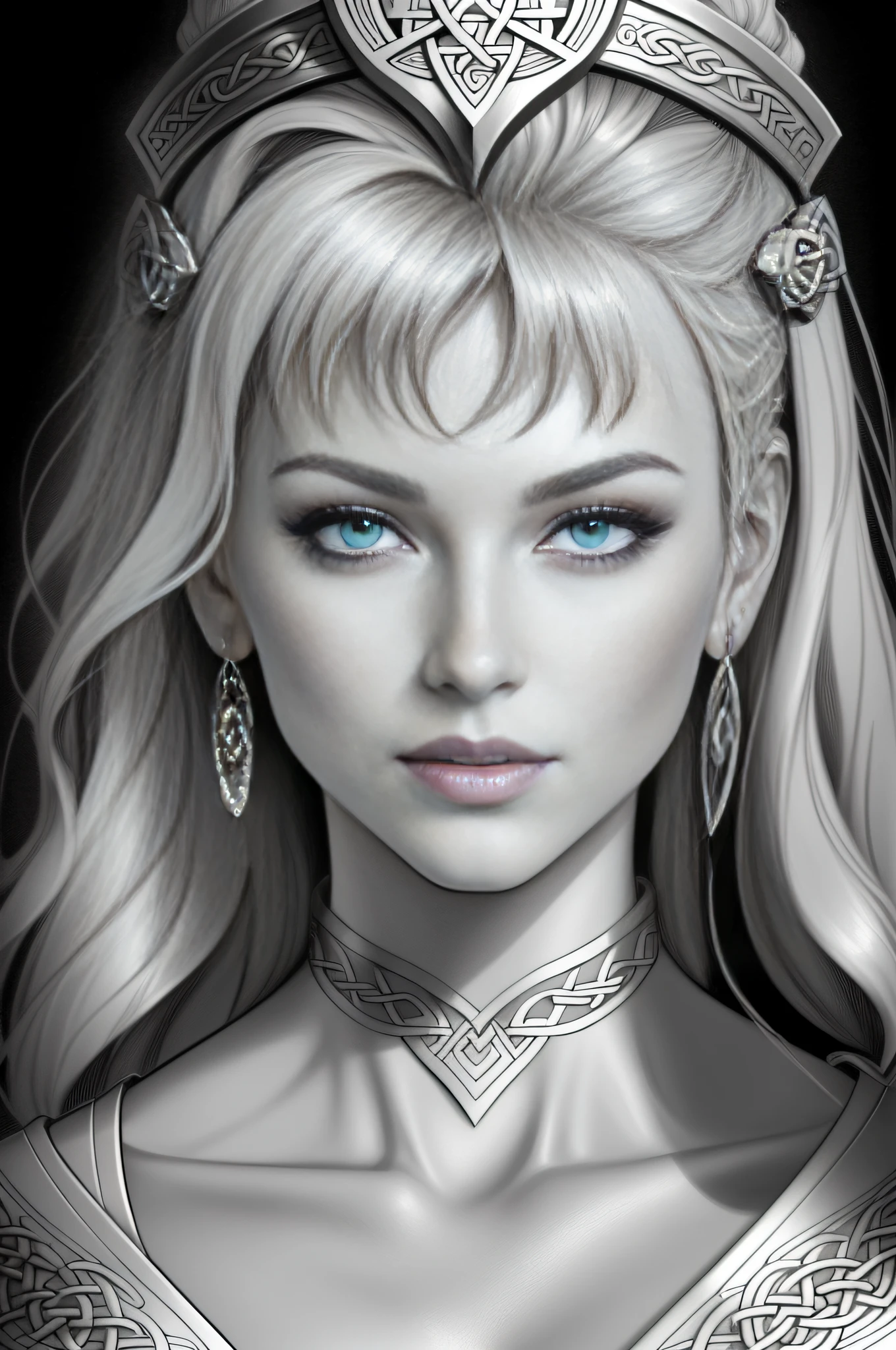 Modern realistic cartoon drawing, grayscale, 20 pixels of blank space on all four sides of the image, reference pose, one female, one woman, one head, full shot, full portrait, adult coloring page, celtic Goddess, female goddess, Wisdom,Transformation, lined Drawing, Coloring page, digital art gerald brom, 300 dpi, High quality print