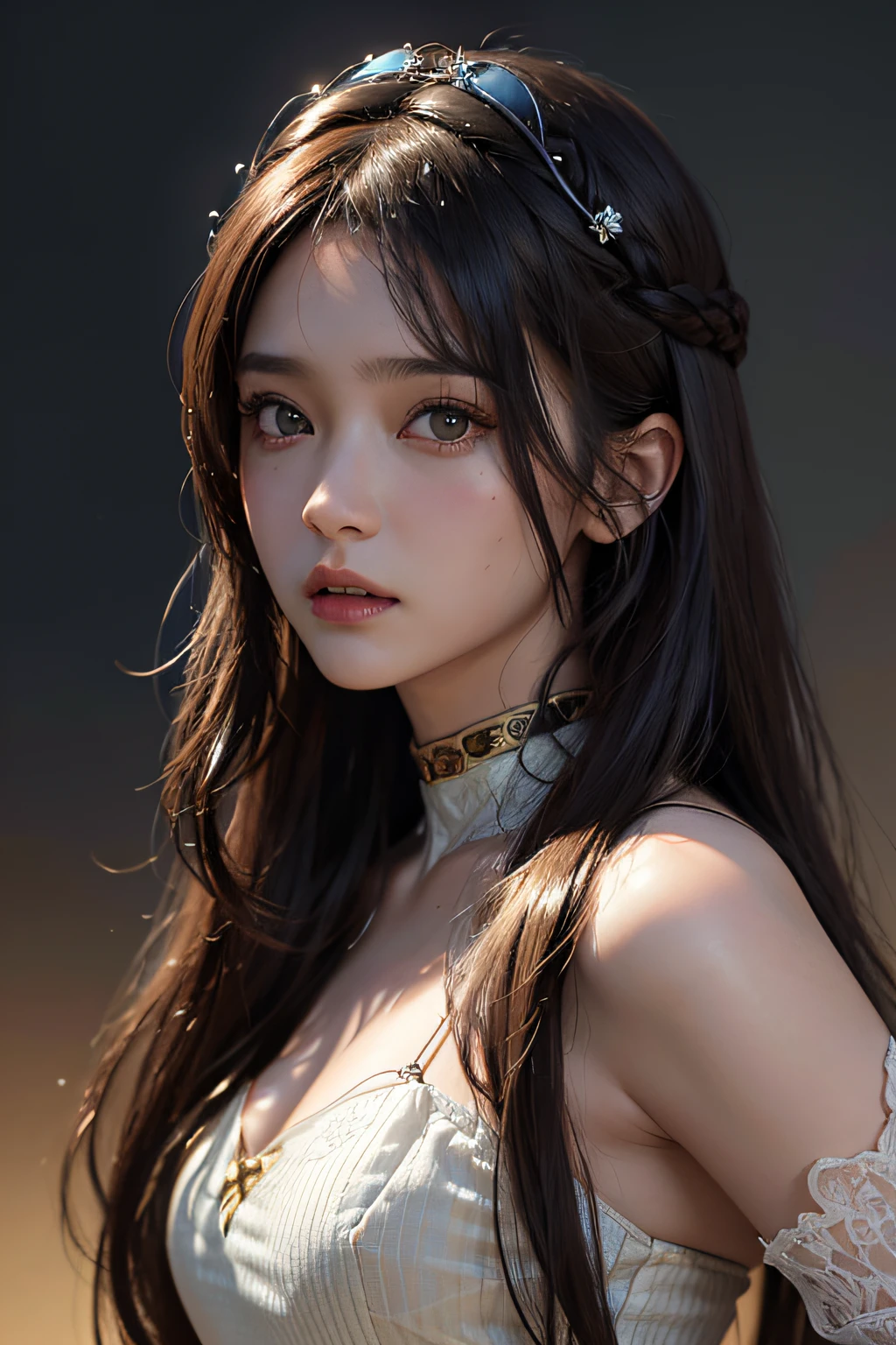 Portrait of a female hyperrealist by David Hockney and Alphonse Mucha、Fantasyart、Photorealsitic、动态照明、art stations、poster for、Volumetric lighting、extra detailed face、4 k、Award-winning、、1girl in、Dark、deep-shadows、lowkey、cowboy shot、(Formula service:1.4)、length hair、dark brown hair、