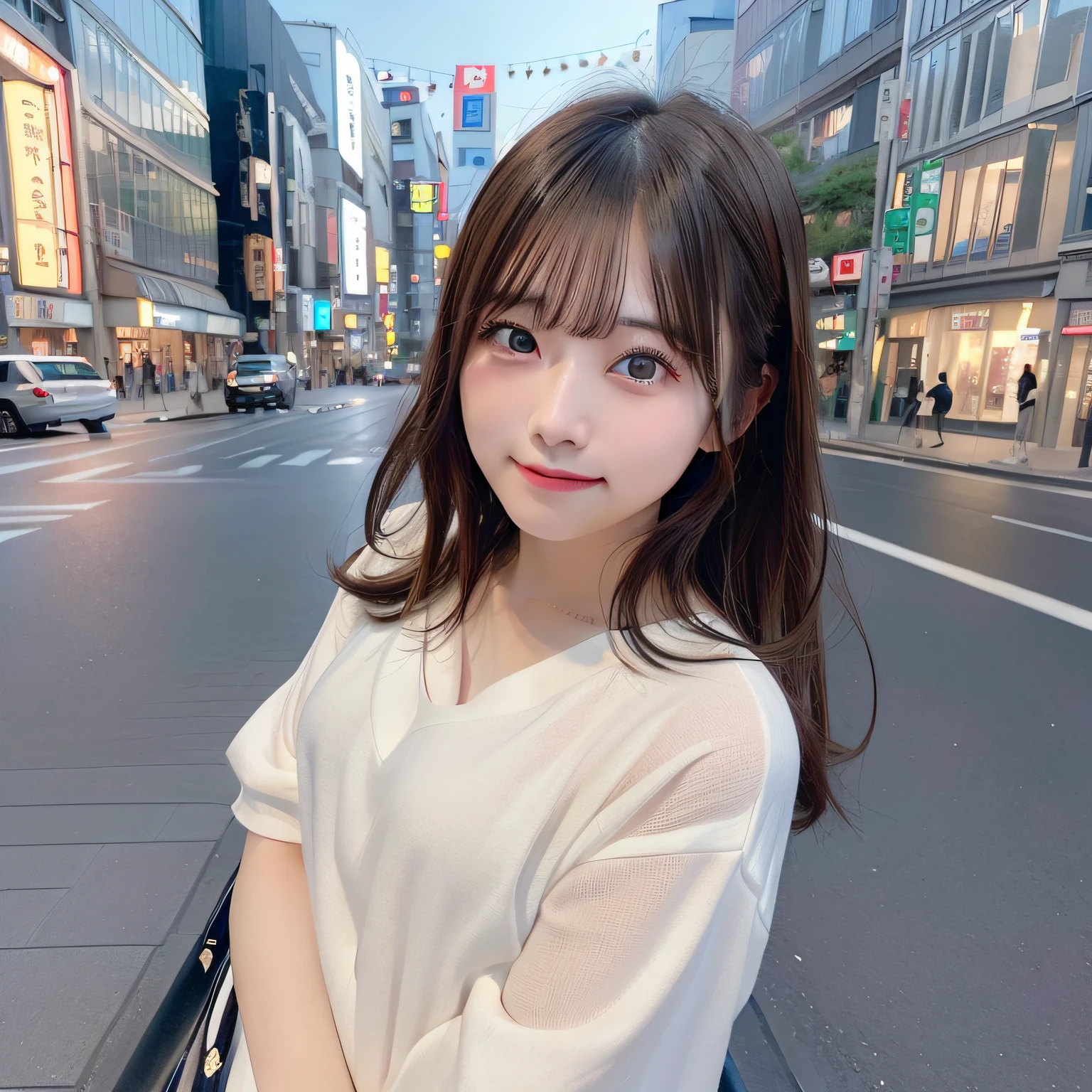 One Beautiful Girl、modeled、on tokyo street、natta、A city scape、city light、(in 8K、Raw photography、top-quality、​masterpiece:1.2)、(realisitic、photoRealstic:1.37)、a smile、the pose、doress