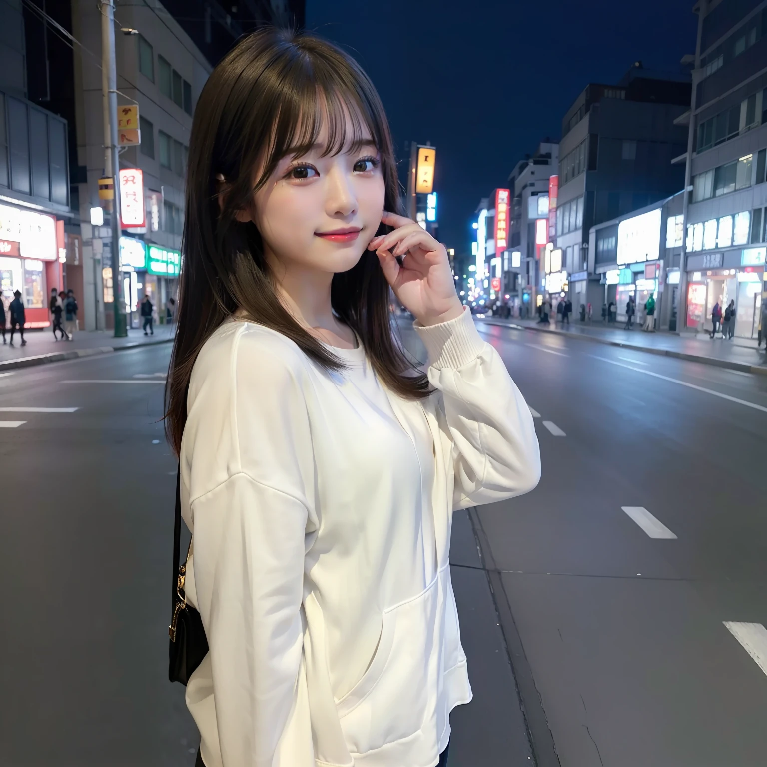 One Beautiful Girl、modeled、on tokyo street、natta、A city scape、city light、(in 8K、Raw photography、top-quality、masterpiece:1.2)、(realisitic、photoRealstic:1.37)、a smile、the pose、doress