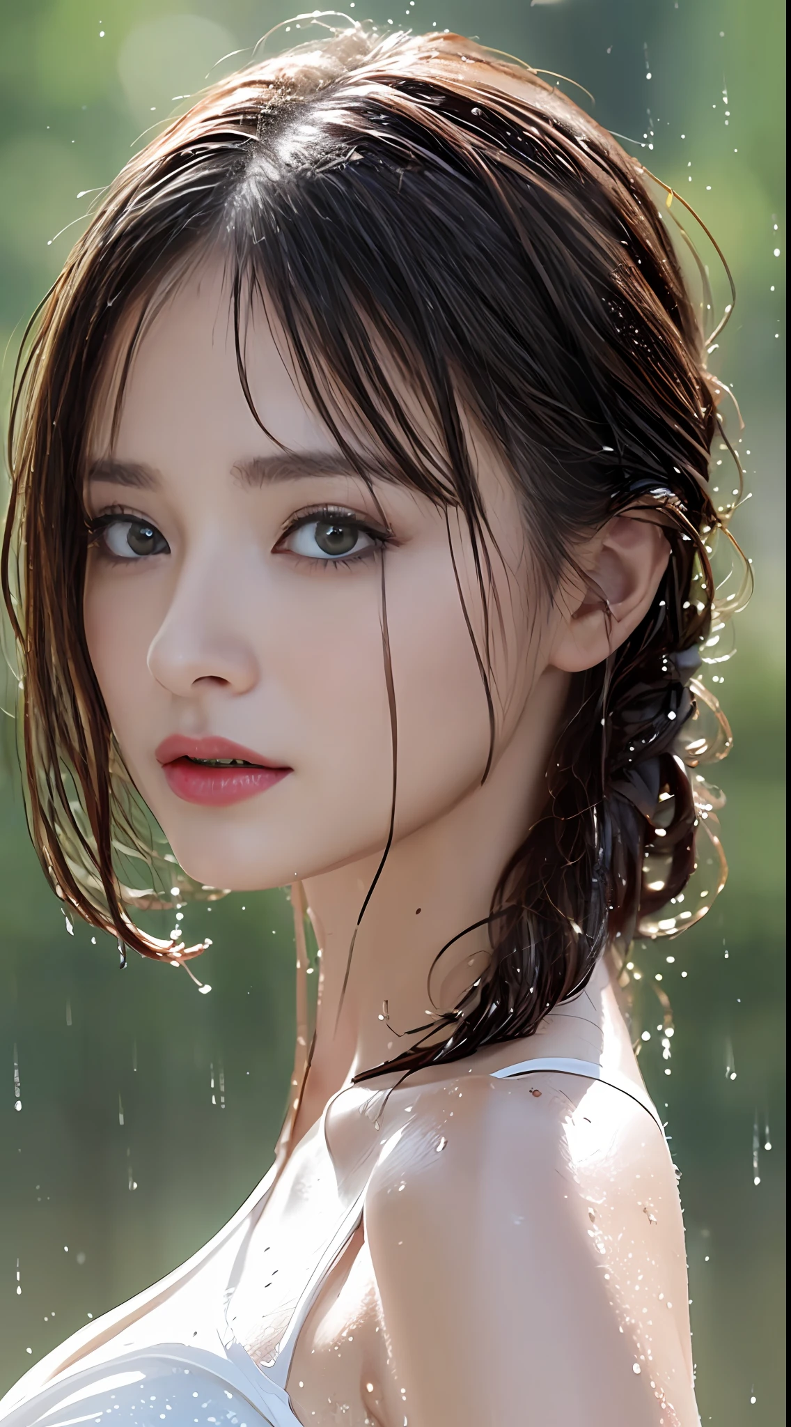 (Best quality, 4k, Masterpiece :1.3), pretty woman, 1girl, sexy :1.1, dark brown hair: 1.1, (rainy wet, wet from rain, wet body :1.2), white tank tops, ultra-detailed face, detailed lips, detailed eyes, double eyelid