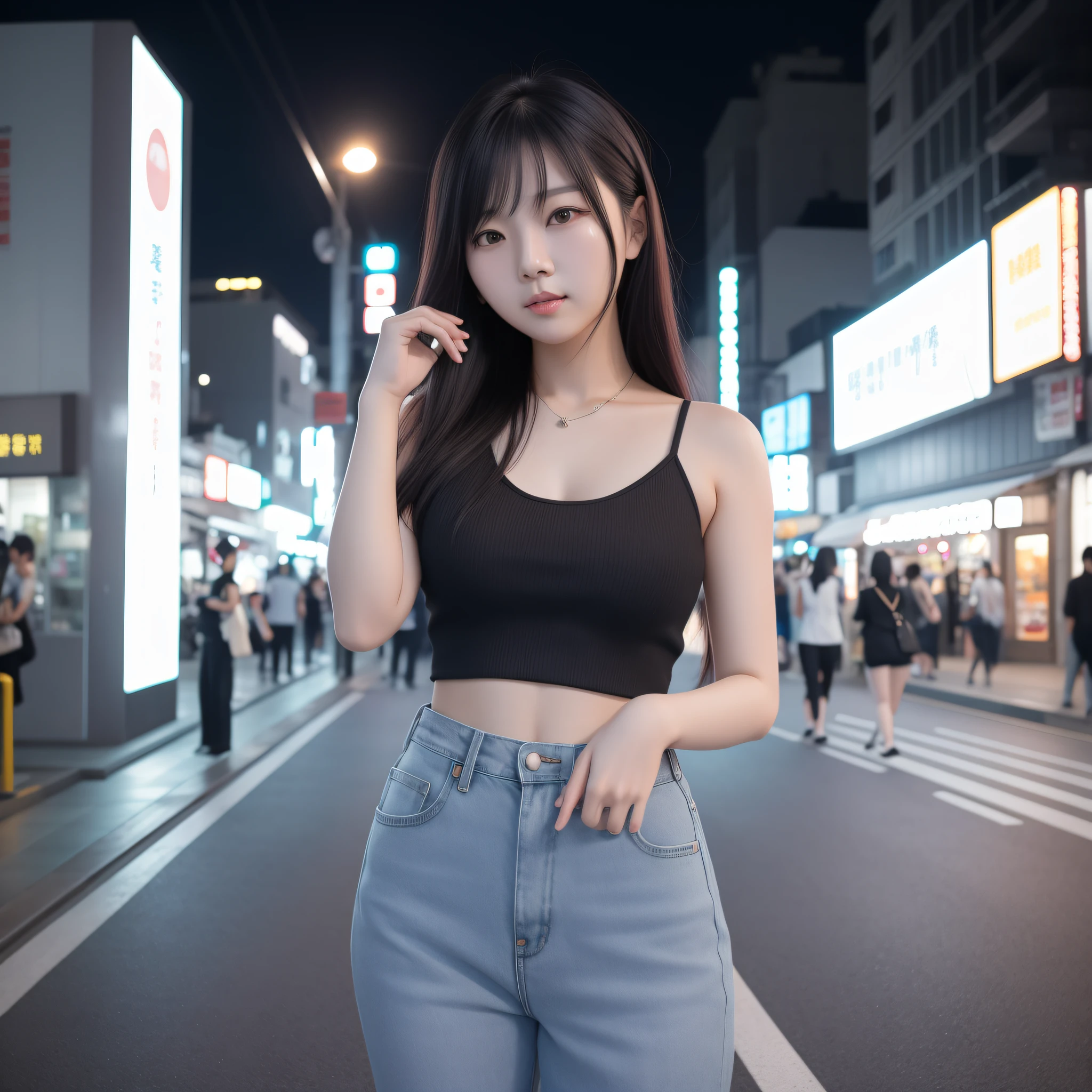 Asian woman in arafe in black top and jeans standing on street corner, Korean Girl, real life anime girl, wearing a cropped black tank top, wearing a black cropped tank top, Gorgeous young Korean woman, Beautiful young Korean woman, beautiful Korean women, Beautiful Asian Girl, Korean Woman, taken with canon eos 5 d mark iv, cute young woman