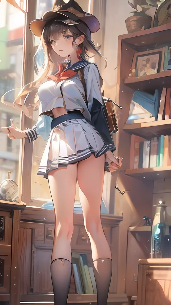 1girl,large breasts,midriff,
indoors,bedroom,standing,cowboy shot, ((school_uniform))