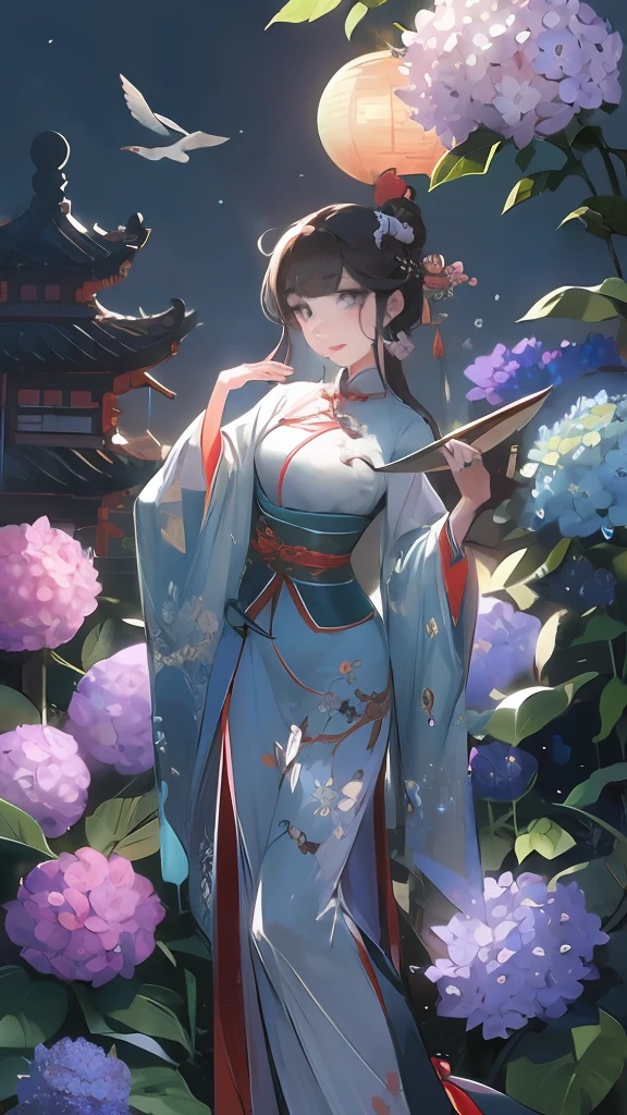 Masterpiece, Superb Product, Night, Full Moon, 1 Woman, Mature Woman, Chinese Style, Antique Chinese, Sister, Royal Sister, Smile, Brunette Hair, Updo, Red Lips, Calm, Intellectual, Hairpin, Hair Flower, Detailed Facial Details, Detailed Eyes, Full Body, Gray Eyes, Long Hair, Hydrangeas