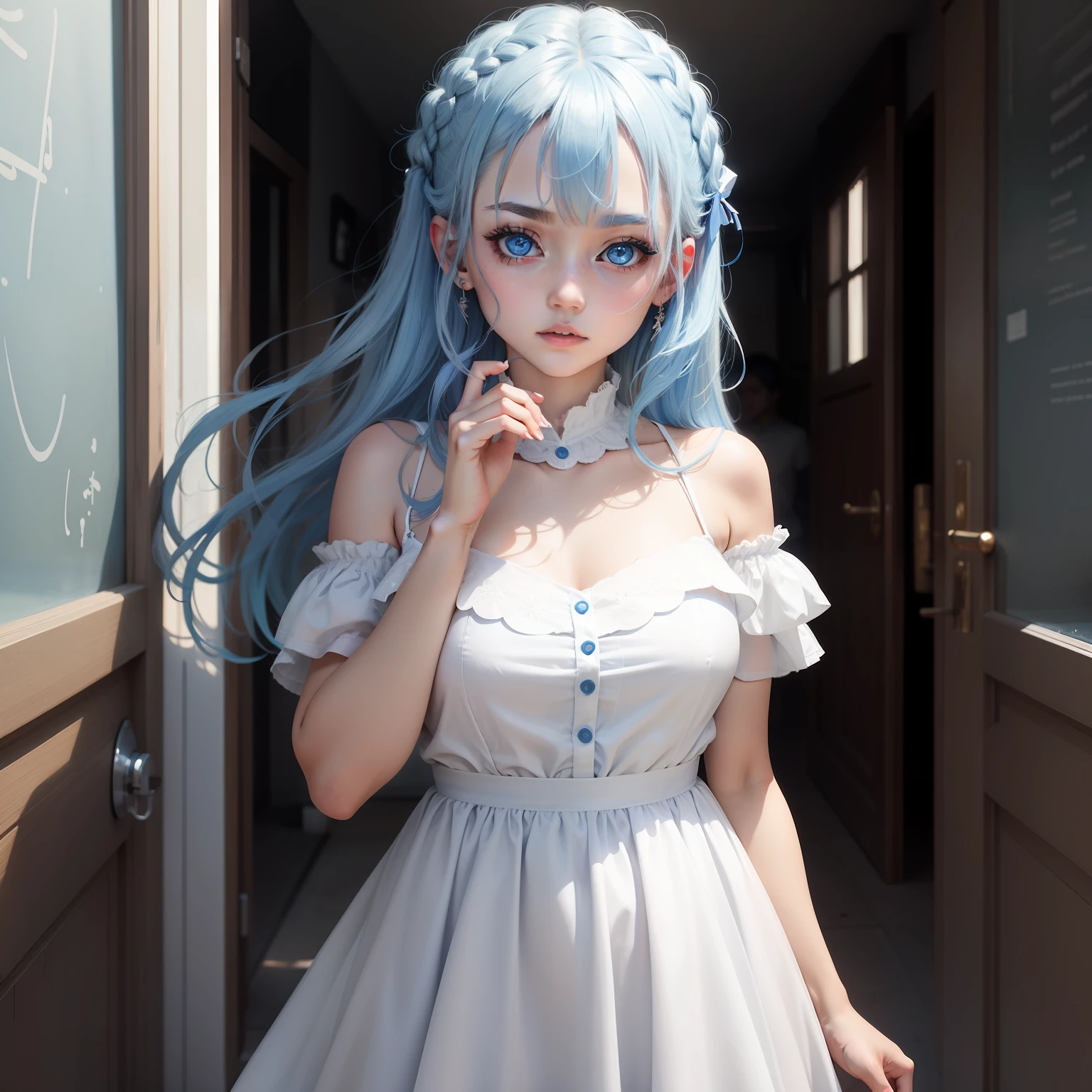 a girl, blue hair, blue eyes, white dress