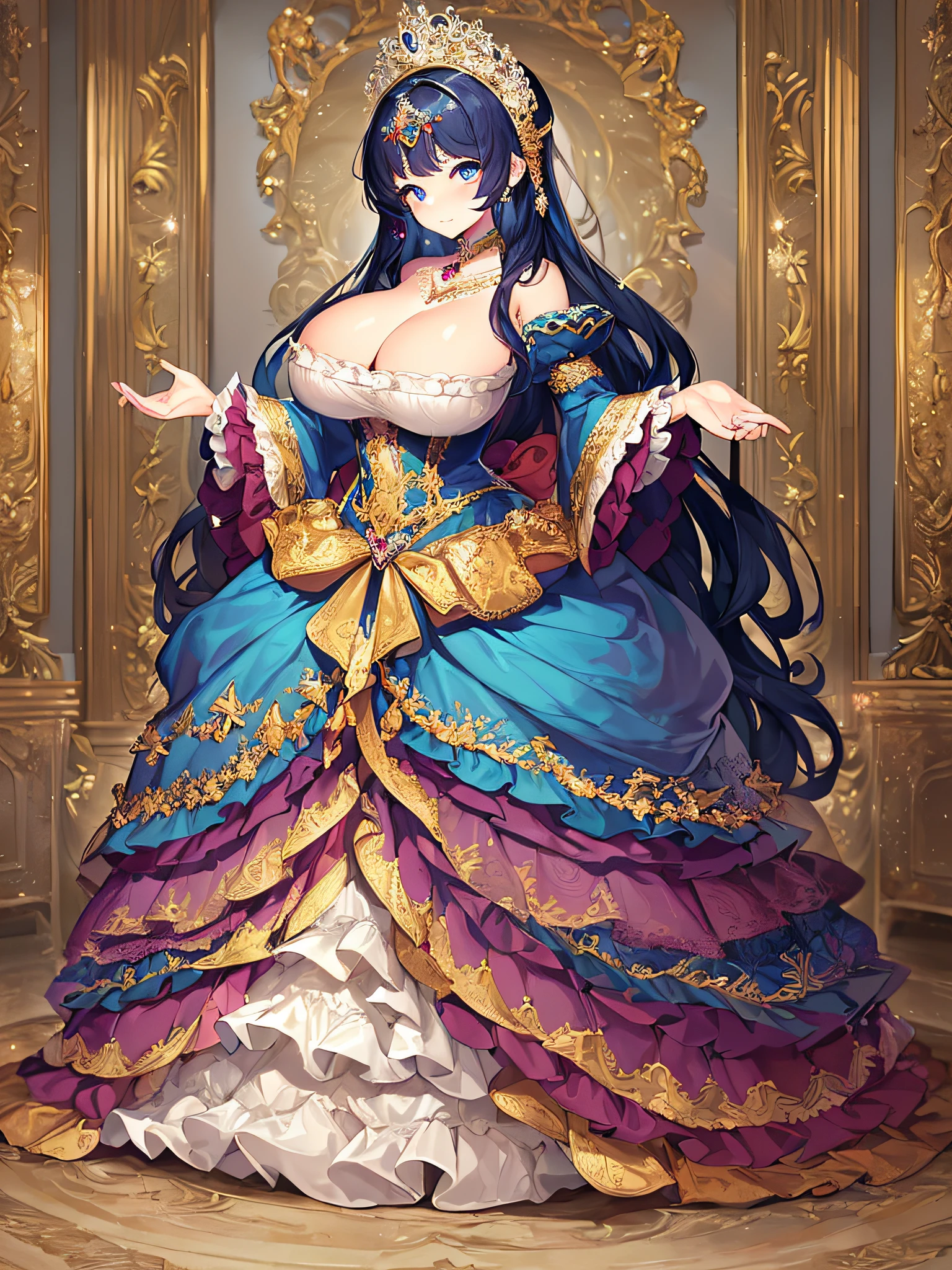 ((anime artstyle)),(Masterpiece),(Best Quality), (Super Detail),((Very Delicate and Beautiful)),((Solo)),((full body)),((1 princess in gorgeousfull rococo dress)),detailed face and eyes,jewel-like eyes,((voluminous Very Long Straight Hair)),((gigantic tits,Long tits)),skindentation,((gorgeousfull embroidery and lace)),gorgeous corsage,See-through,gorgeousfull hair ornament,gorgeousfull glitter jeweled tiara,ornate ruffles,((full body)),((hoop skirt,crinoline)),Dynamic Angle,Looking at viewer,(((gorgeous embroidery gorgeousfull rococo dress)),full body
