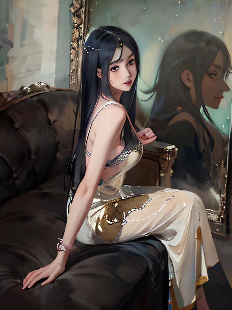 It is an art painting in the Guvez style,Depicts a woman with long hair in a pink slip dress,This is a detailed anime portrait,Similar to Rossi's portrait,Produced in an anime artist studio。The portrait shows the real girl of the kawaii,It shows amazing facial features。