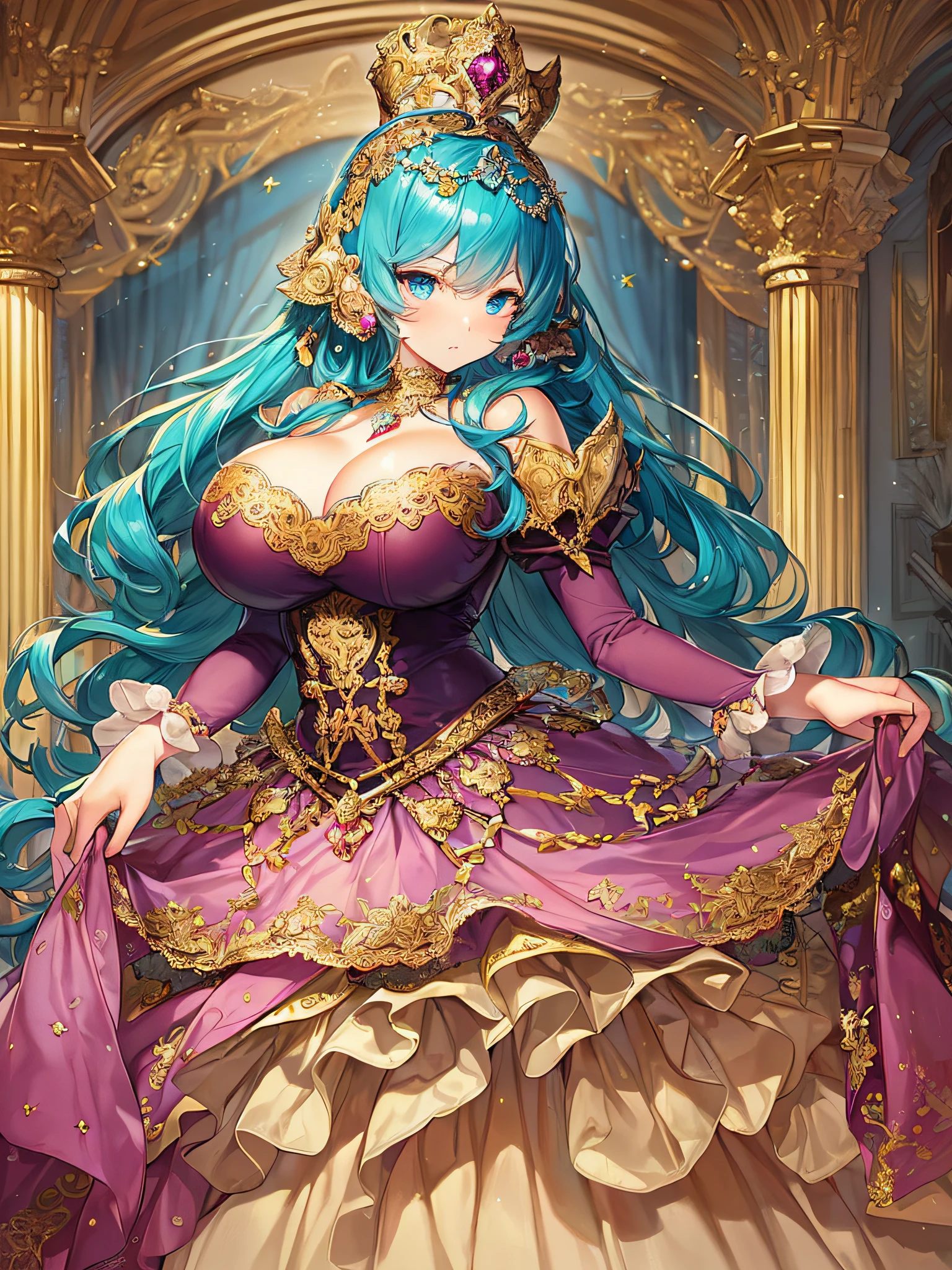 ((anime artstyle)),(Masterpiece),(Best Quality), (Super Detail),((Very Delicate and Beautiful)),((Solo)),((full body)),((1 princess in gorgeousfull rococo dress)),detailed face and eyes,jewel-like eyes,((voluminous Very Long Straight Hair)),((gigantic tits,Long tits)),skindentation,((gorgeousfull embroidery and lace)),gorgeous corsage,See-through,gorgeousfull hair ornament,gorgeousfull glitter jeweled tiara,ornate ruffles,((full body)),((hoop skirt,crinoline)),Dynamic Angle,Looking at viewer,(((gorgeous embroidery gorgeousfull rococo dress)),full body