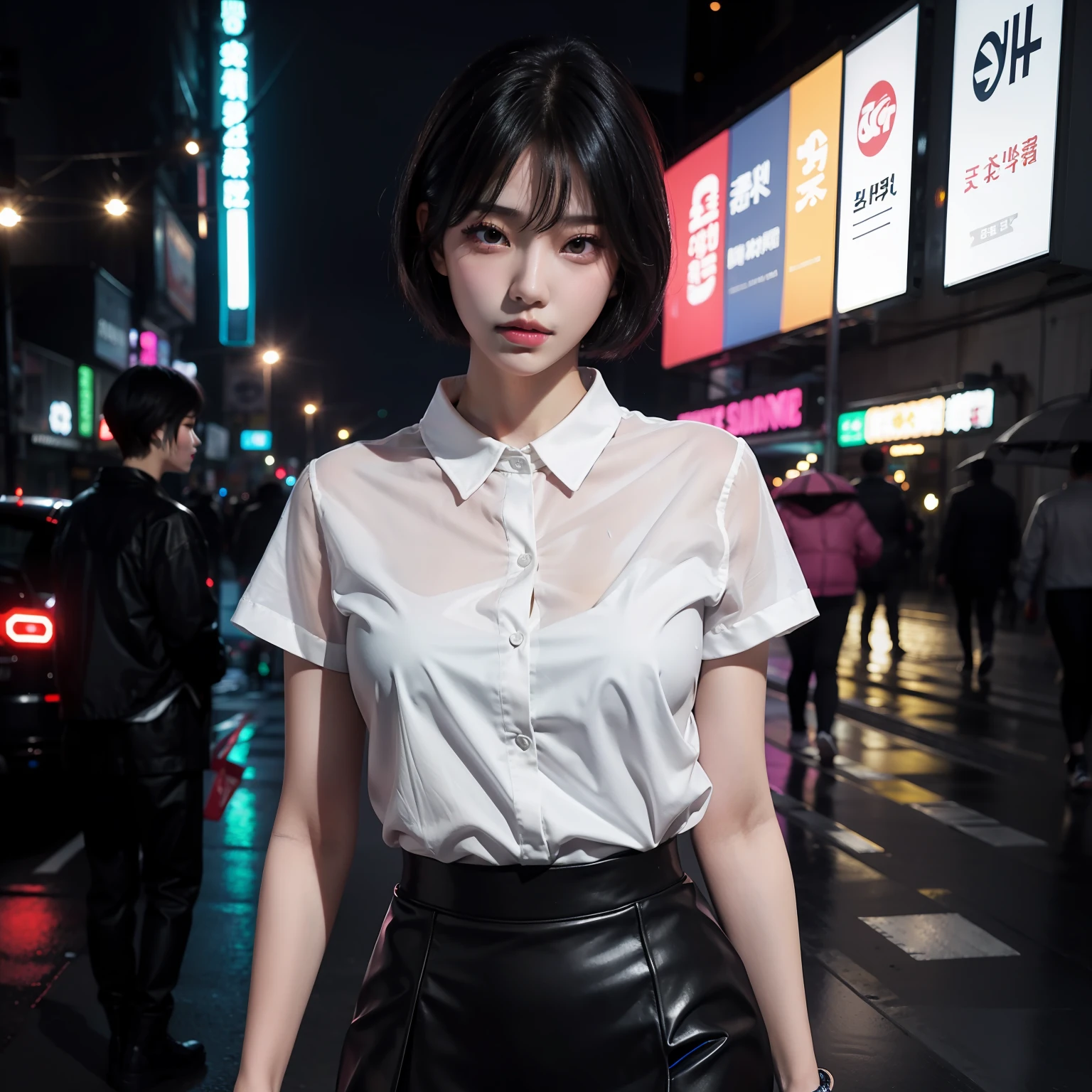 Suit short skirt beautiful short hair double eyelids rainy night neon super realistic beautiful Korean woman, cyberpunk photo, Sexy girl, Cyberpunk style girl