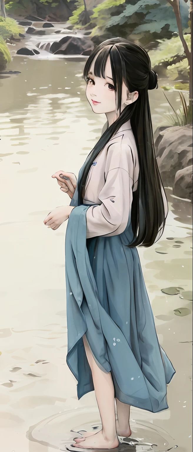 ((4k,masterpiece,best quality)), shuimobysim, traditional chinese ink painting, lotus, hanfu, maxiskit, dress conservatively 1girl, solo, long blue hair, smile, standing, feet in the water, barefoot,