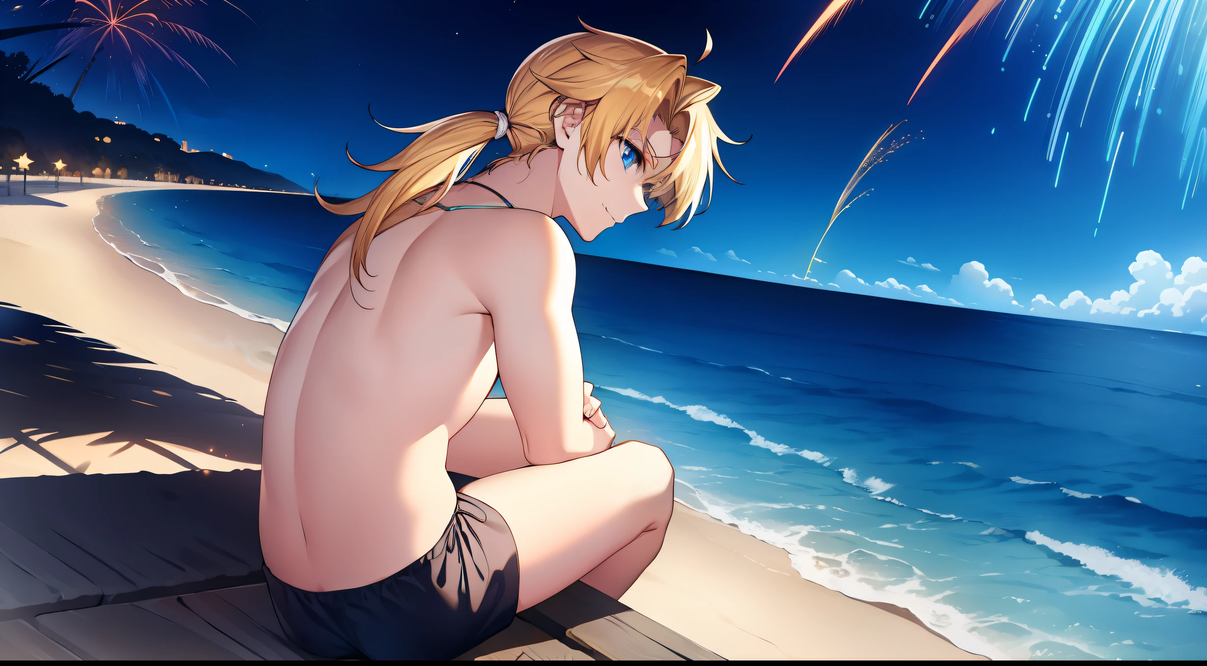 1man,Golden hair,pony tails,blue color eyes,beachside,deep in the night,fire works,swim wears,No bra,Sitting