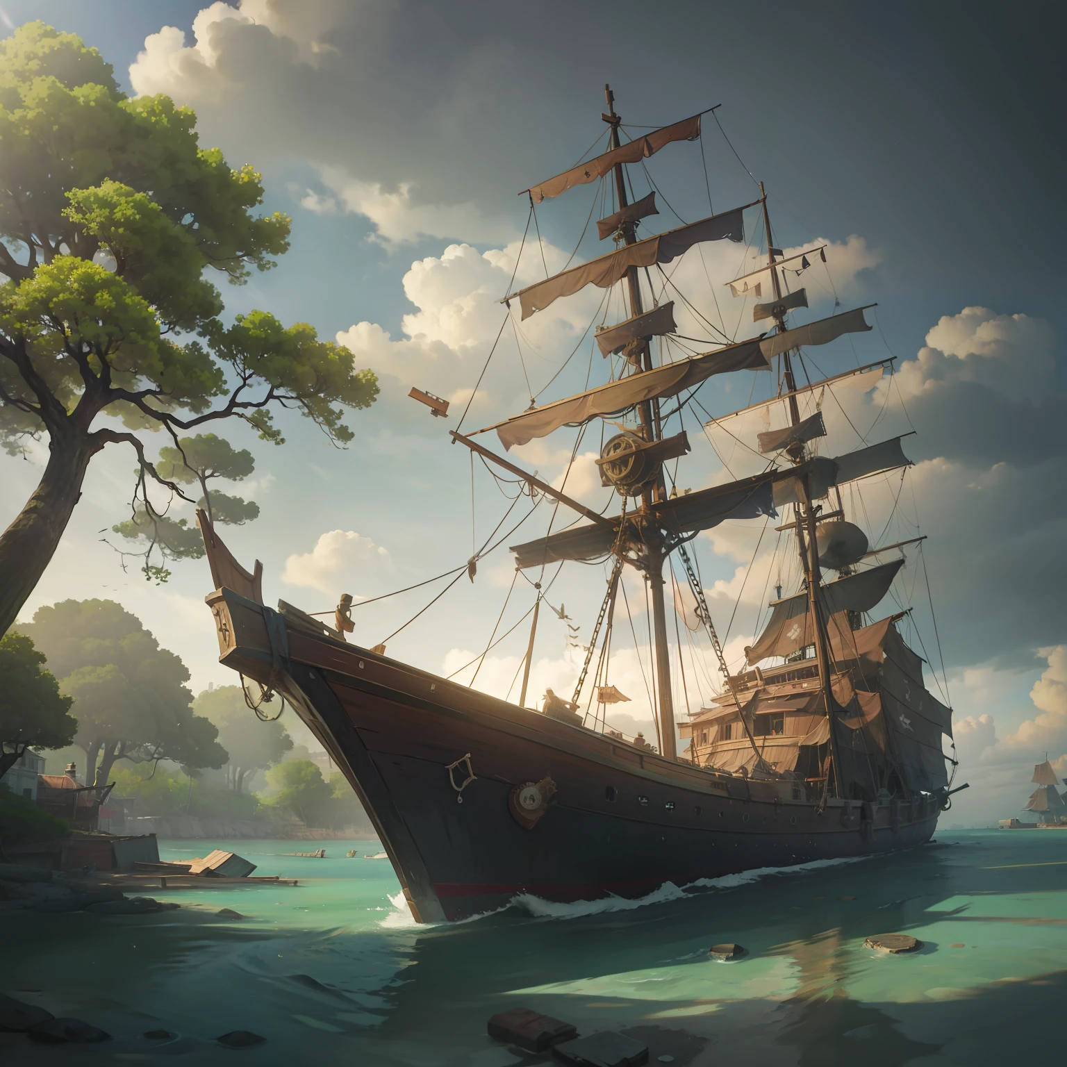 Pirate ship abandoned and anchored on an island with large trees