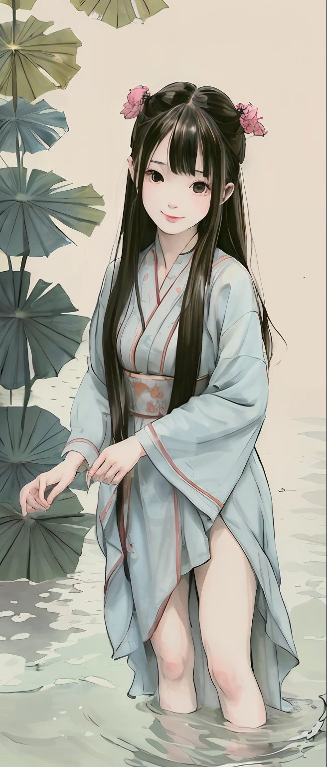 ((4k,masterpiece,best quality)), shuimobysim, traditional chinese ink painting, lotus, hanfu, maxiskit, dress conservatively 1girl, solo, long blue hair, smile, standing, feet in the water, barefoot,