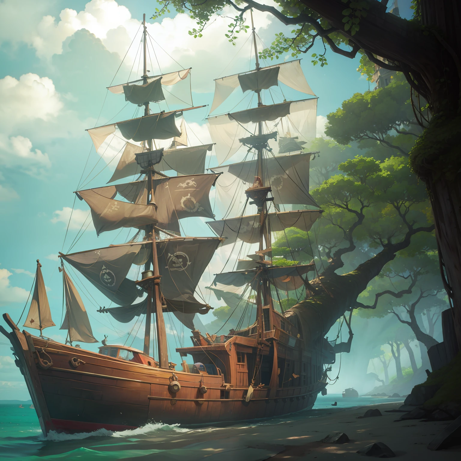 Pirate ship abandoned and anchored on an island with large trees