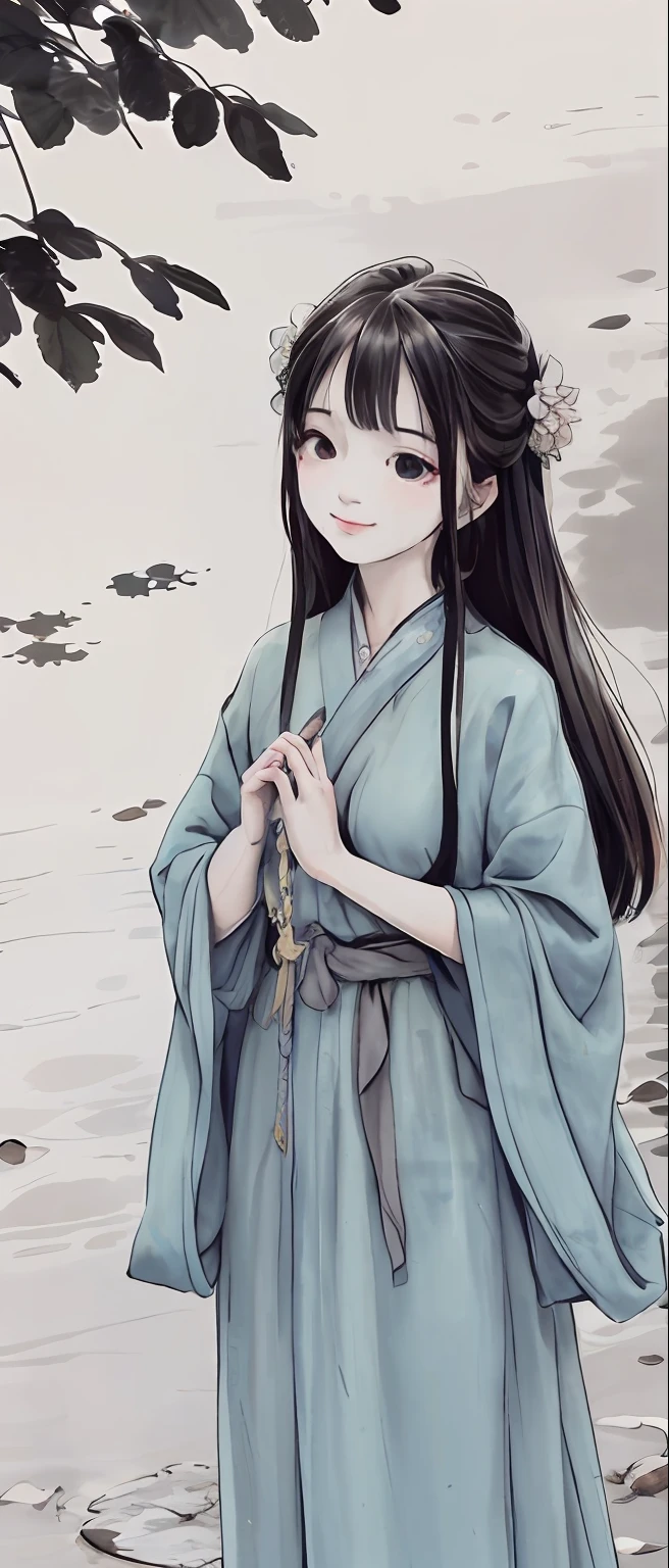 ((4k,masterpiece,best quality)), shuimobysim, traditional chinese ink painting, lotus, hanfu, maxiskit, dress conservatively 1girl, solo, long blue hair, smile, standing, feet in the water, barefoot,