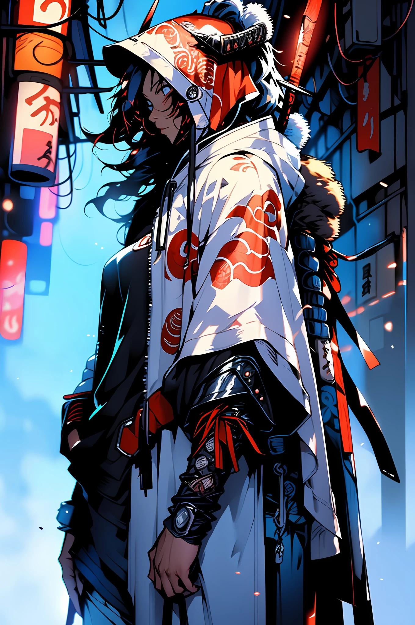 Create an AI illustration of a confident female samurai with red hair, curly long hair, and blue eyes. She has a strong expression and tanned skin, with two oni horns on her forehead.large_breasts, She is wearing a sturdy suit of armor and holds a (cigarette while) confidently wielding an exceptionally large Japanese gun in the midst of a battle. The background depicts houses from the Edo period on fire. Please generate the illustration in the highest quality possible.