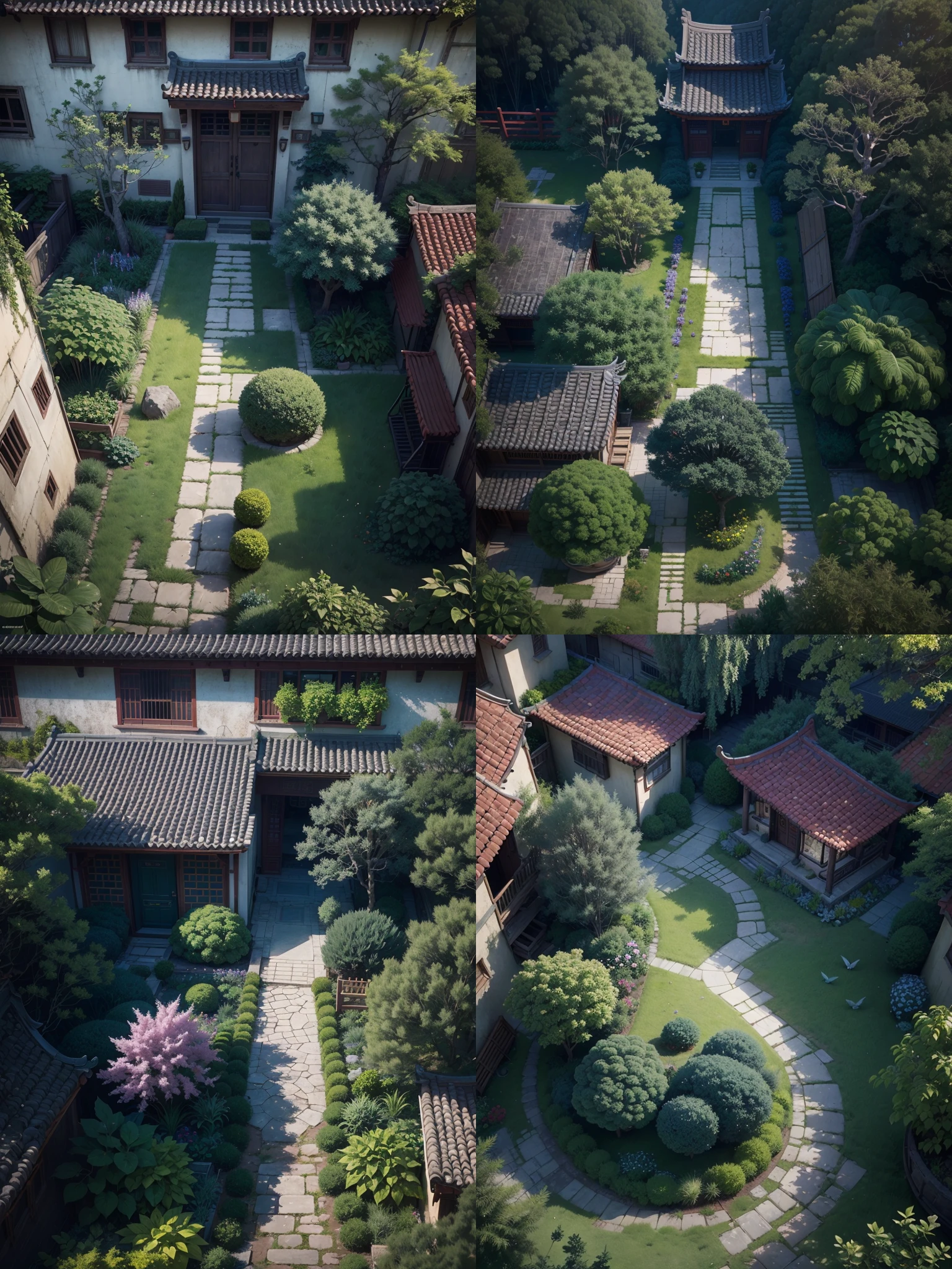 A traditional garden of the eighties in southern China with potted plants and blue doors,Bird's eye view，Aerial perspective， the ground、The walls are made of slate material，Cinematic background art, Detailed view , Highly detailed cinematic visuals, Highly detailed description,8K high-definition