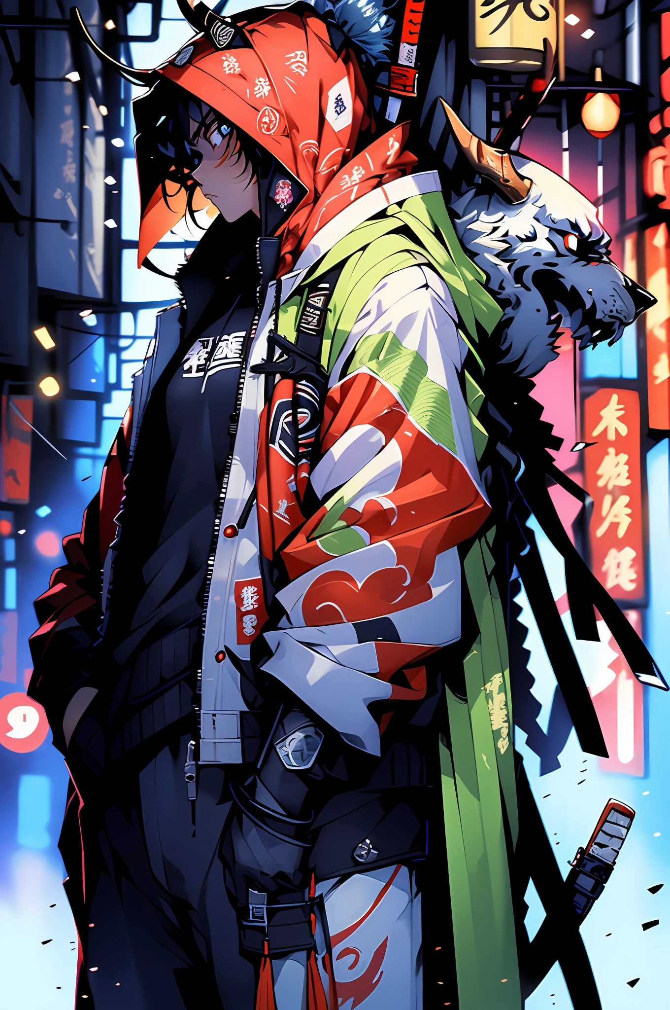 Create an AI illustration of a confident female samurai with red hair, curly long hair, and blue eyes. She has a strong expression and tanned skin, with two oni horns on her forehead.large_breasts, She is wearing a sturdy suit of armor and holds a (cigarette while) confidently wielding an exceptionally large Japanese gun in the midst of a battle. The background depicts houses from the Edo period on fire. Please generate the illustration in the highest quality possible.