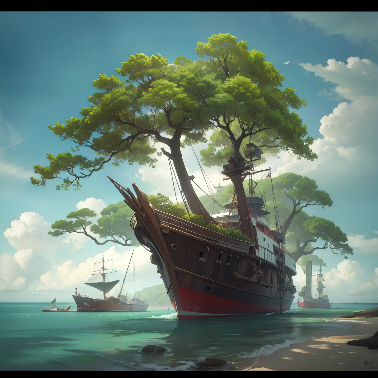 Ship anchored on an island with large trees