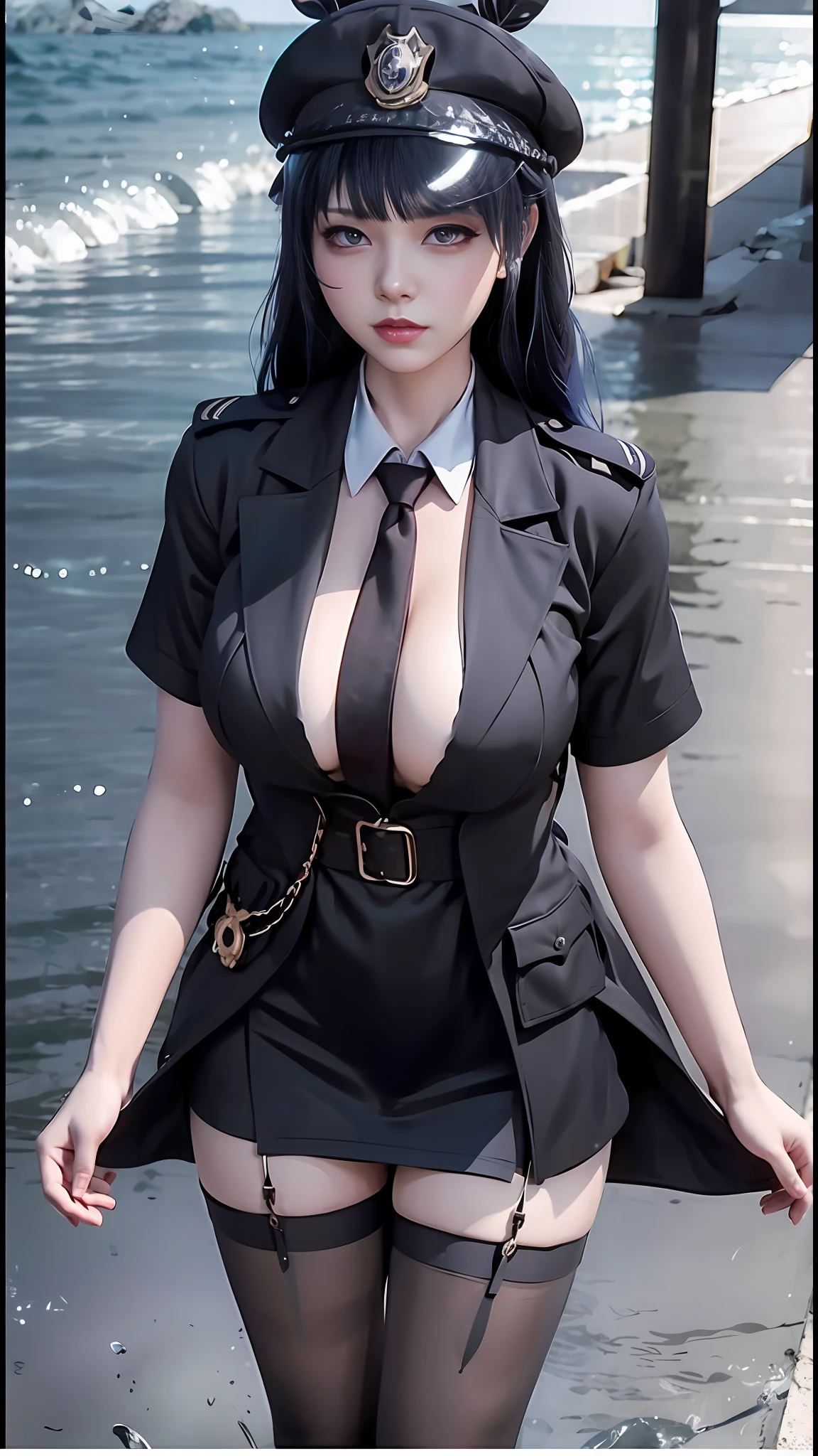 There was a uniformed woman posing by the water, beautiful and seductive anime woman, seductive anime girls, trending on cgstation, (sfv) safe to work, [ 4 K digital art ]!!, trending at cgstation, officer, Photorealistic anime, ecchi anime style, wearing black uniform, anime maid  ss military, attractive anime girls, Tifa Lockhart