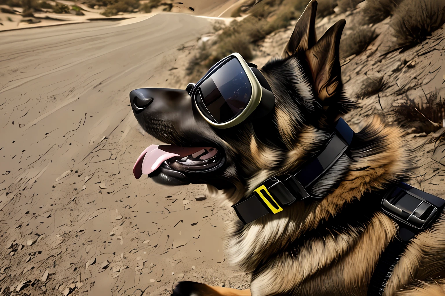 there is a dog wearing a goggles on his head, k9, goggles around his neck, dog, the photo shows a large, wearing shiny black goggles, visor, german shepherd, closeup portrait shot, wearing goggles, protective, afp, bear, military, neck, trooper, short muzzle, cop, officer, with a white muzzle, combat googles