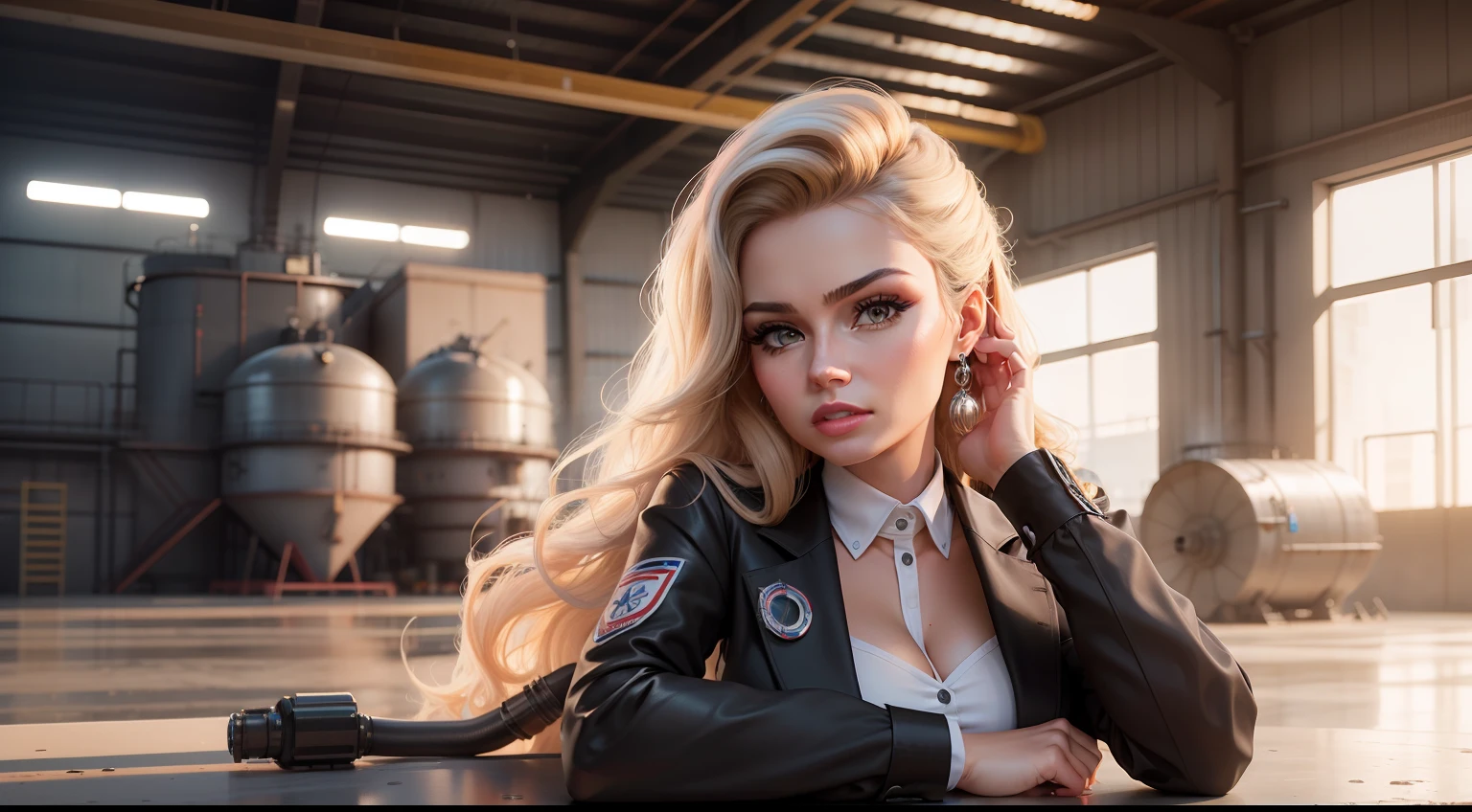 Make an ultra-realistic image of a modern industiral hydraulic pump, in an industry next door presenting the pump, uma mulher loira como a barbie formal