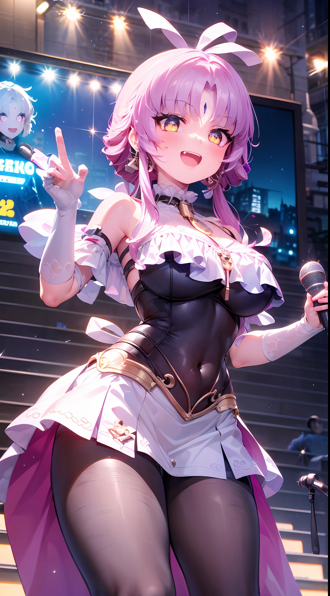 (tmasterpiece:1.2),Best quality at best,perfect anatomia,The is very detailed,1girll,Solo, A high resolution,absurderes,tmasterpiece,looking at viewert,Character Spotlight,A pink-haired,Golden eyes,short skirt,Black and white stockings,singers,Stage,There are lights on it,Hold the microphone,sing,Huge led screen,Happy expression