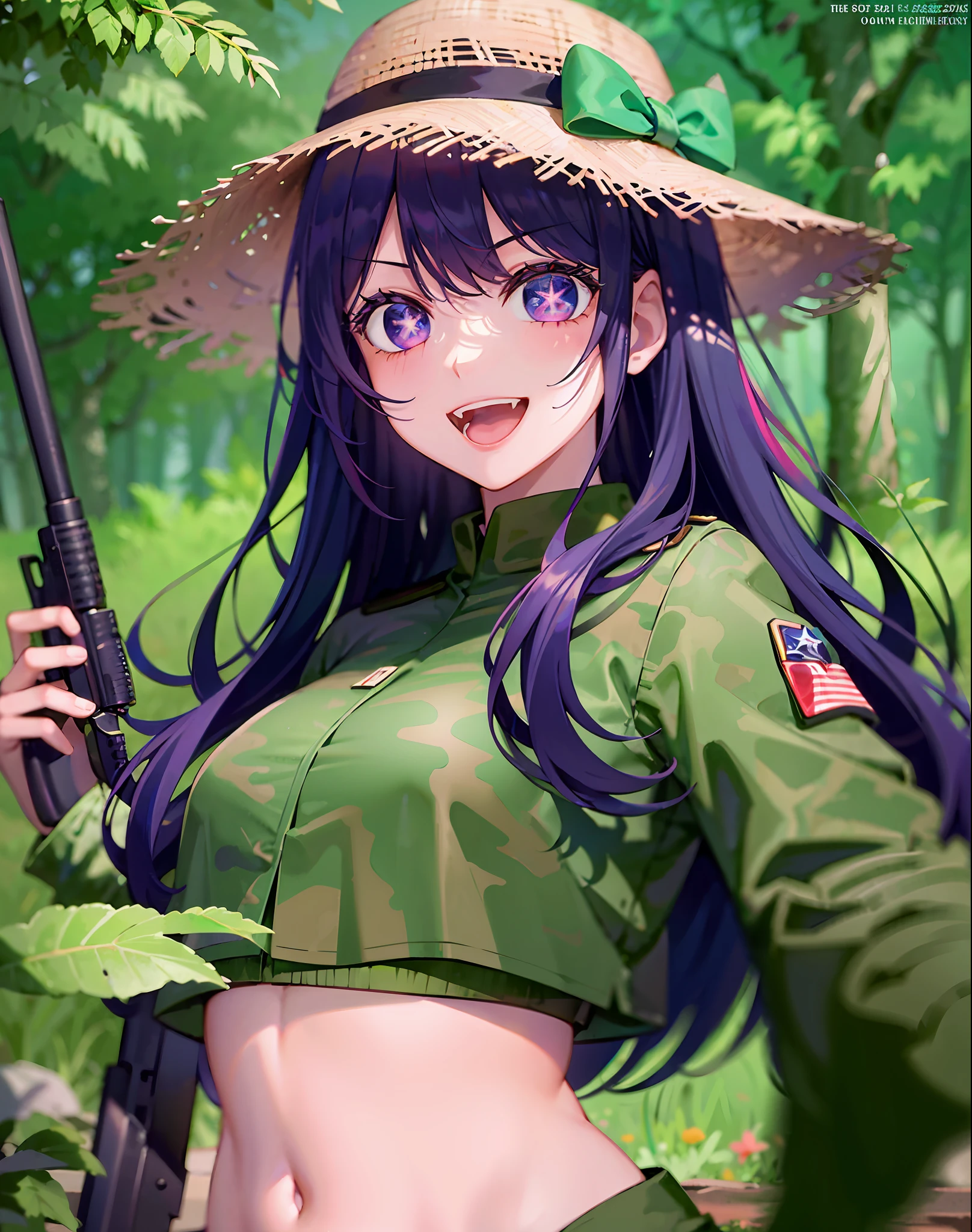 1 girl,((There is a five-pointed star in the eye))Gorgeous Hair in Long Purple,Green camouflage uniform,army suit,Take an AK47 rifle,tussock,Tummy down,AK47 gun,Behind the tree,Smile ,Open mouth