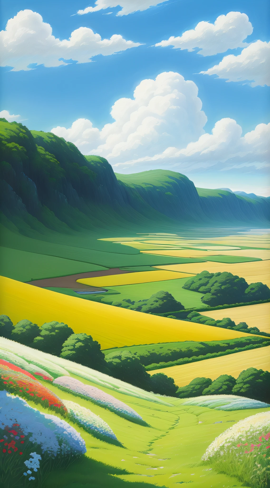 Realistic, authentic, beautiful and amazing landscape oil painting Studio Ghibli Hayao Miyazaki's petal grassland with blue sky and white clouds --v6