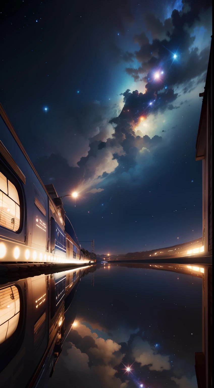 Duas pessoas, trilho de trem, grama alta, looking at the sky, cosmic sky, Bottom view, estrelas, cena de anime, estilo de anime