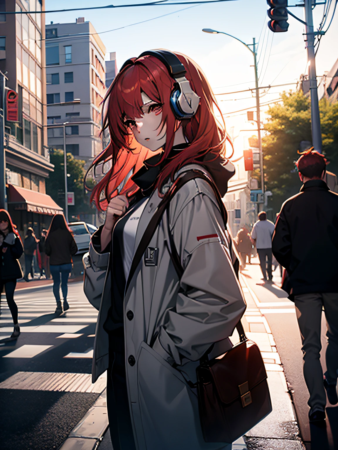 Crowded intersections、Waiting for a traffic light、Woman with a dog、headphones、dressed casually、Red hair color、Brown eyes、Long