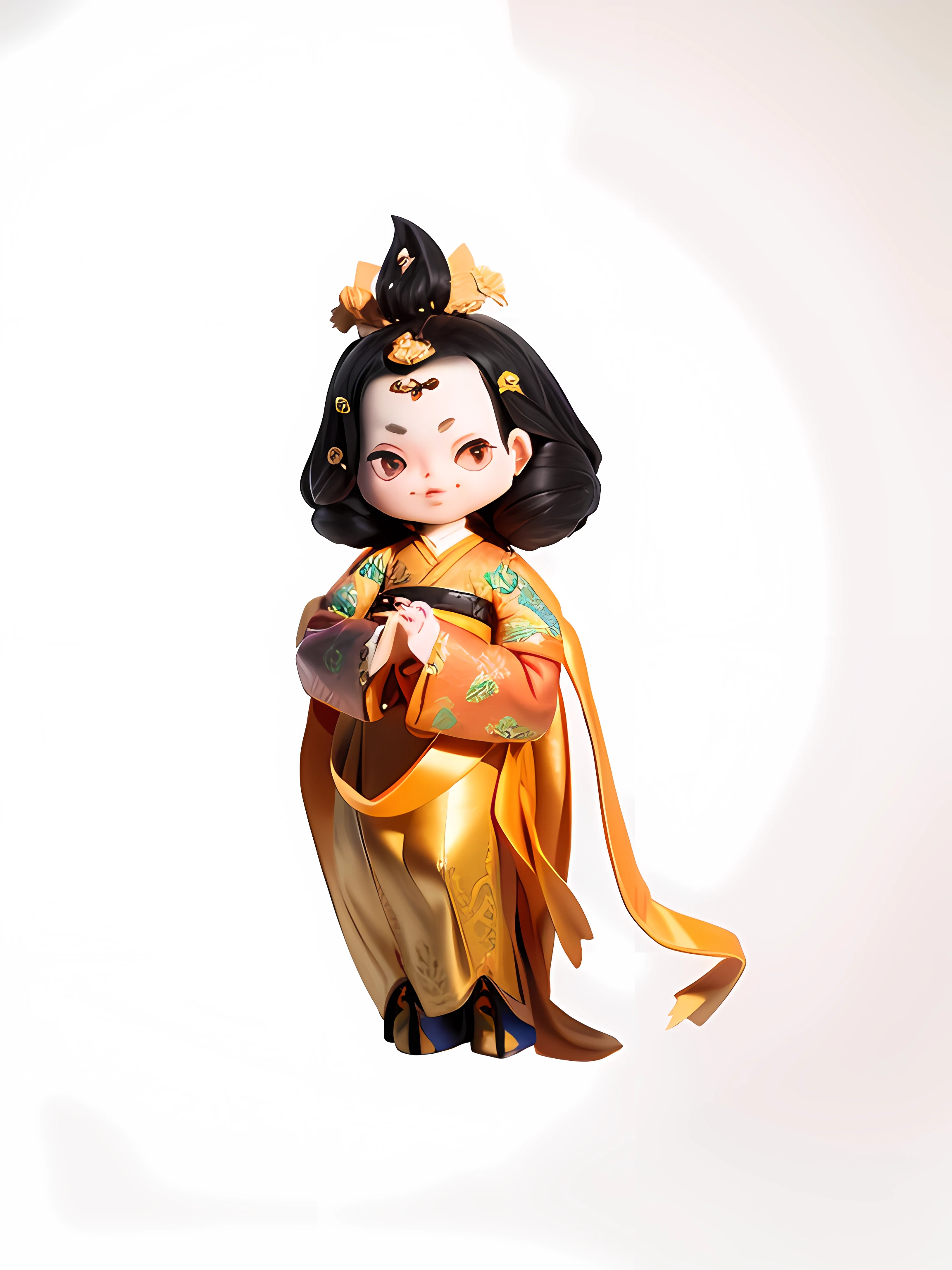 ((White background)) (8K, RAW photo, Best quality, Masterpiece),(Photon mapping radiosity, Physically-based rendering, automatic white balance),CG,Unity,offcial art,Amazing,finedetail,An extremely delicate and beautiful,Extremely detailed,3D,rendering,C4D,blender,octanerender,popular toys, a blind box toy, Chinese woman of the Tang Dynasty,Black eyeballs:2,Symmetrical hair accessories,Hairpins,Black color hair:2,Short eyebrows black,Small lips,Orange-yellow clothes:2,Green shoes
